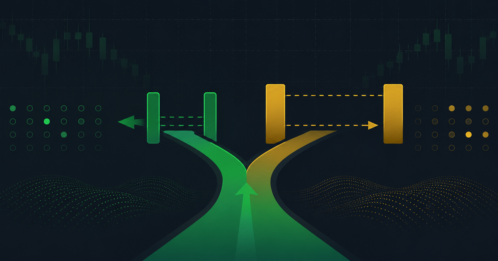 Decision fork showing one path through a tight spread and another blocked by a wide spread