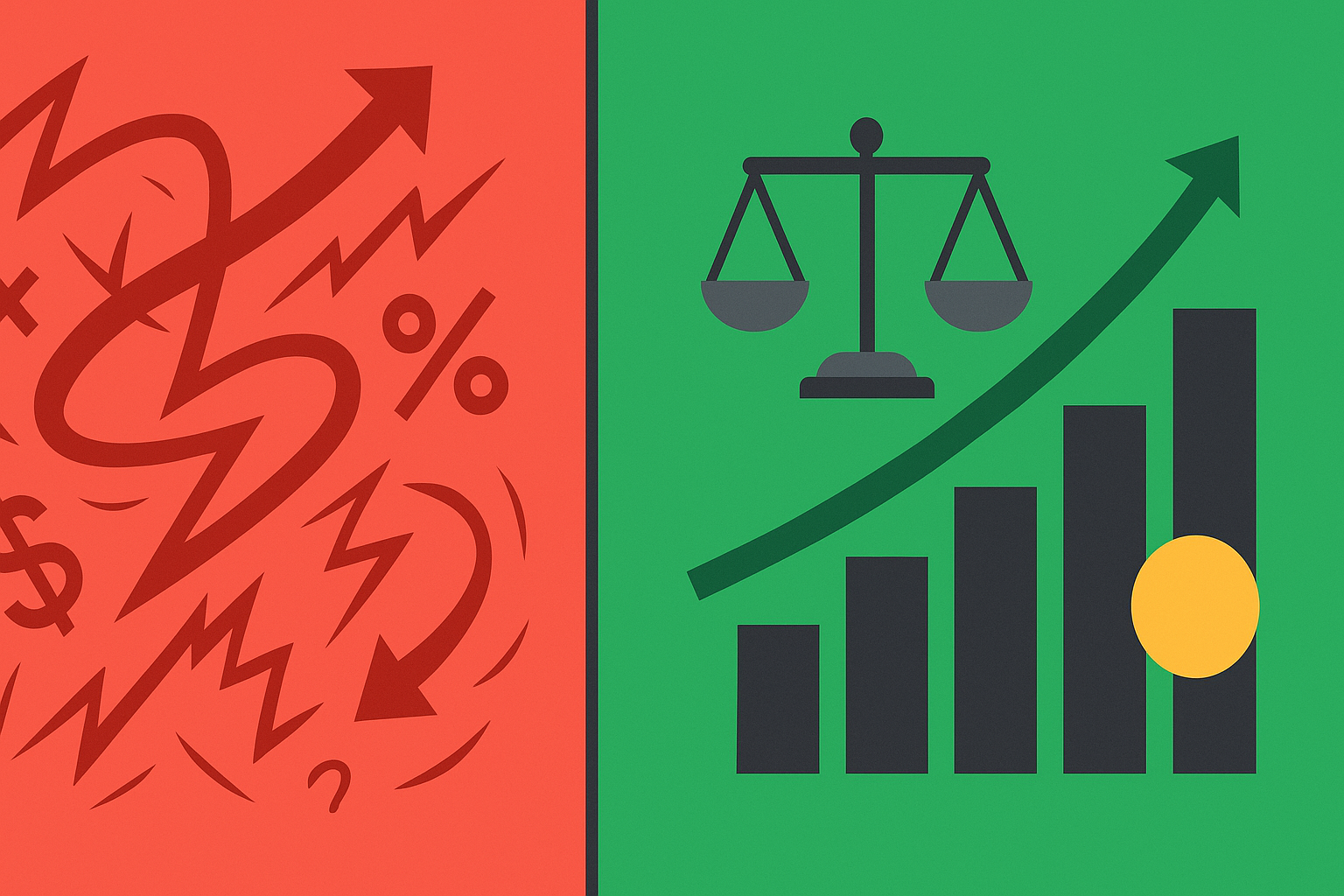 Minimalist illustration showing balanced scales with emotional chaos on one side and structured order on the other in WSY palette