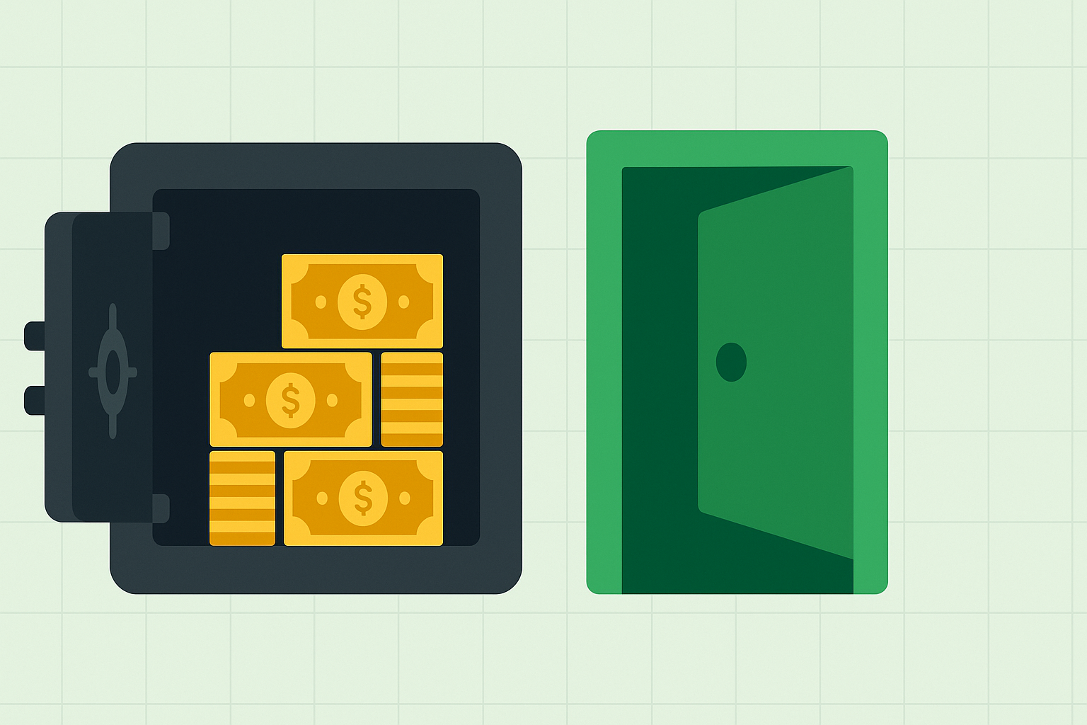 Minimalist vault with cash reserves and opportunity door in WSY green palette