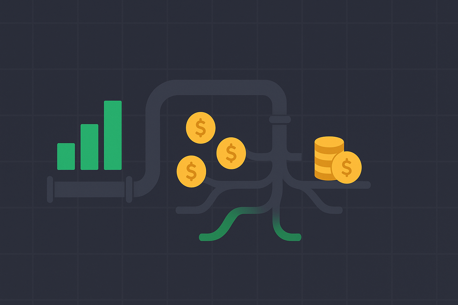 Minimalist pipeline with flowing cash streams from stocks to income in WSY green palette