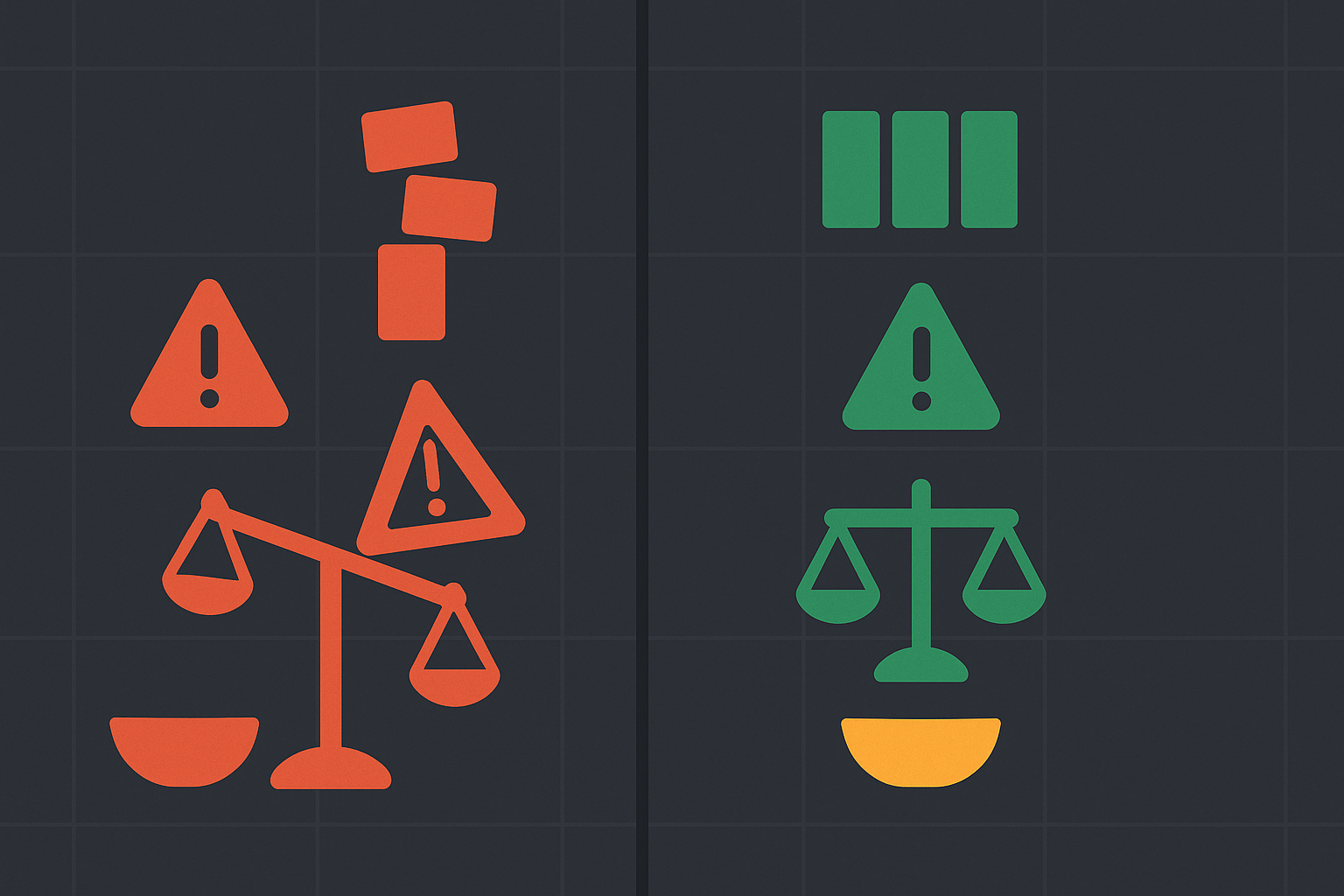 Split illustration showing warning symbols for common portfolio mistakes contrasted with corrective measures in WSY green and gold
