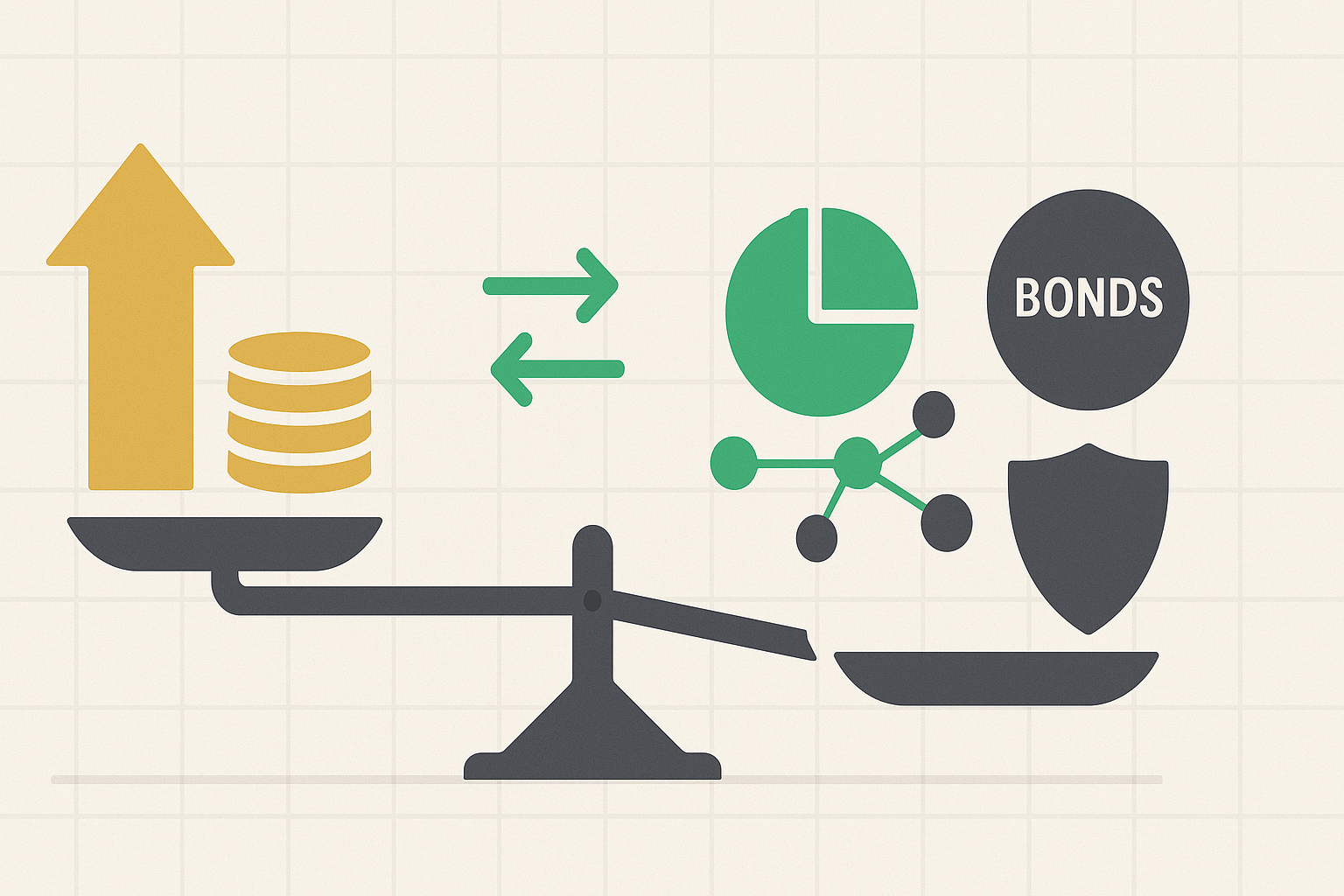 Minimalist illustration of balanced scales being adjusted with portfolio elements shifting in WSY palette