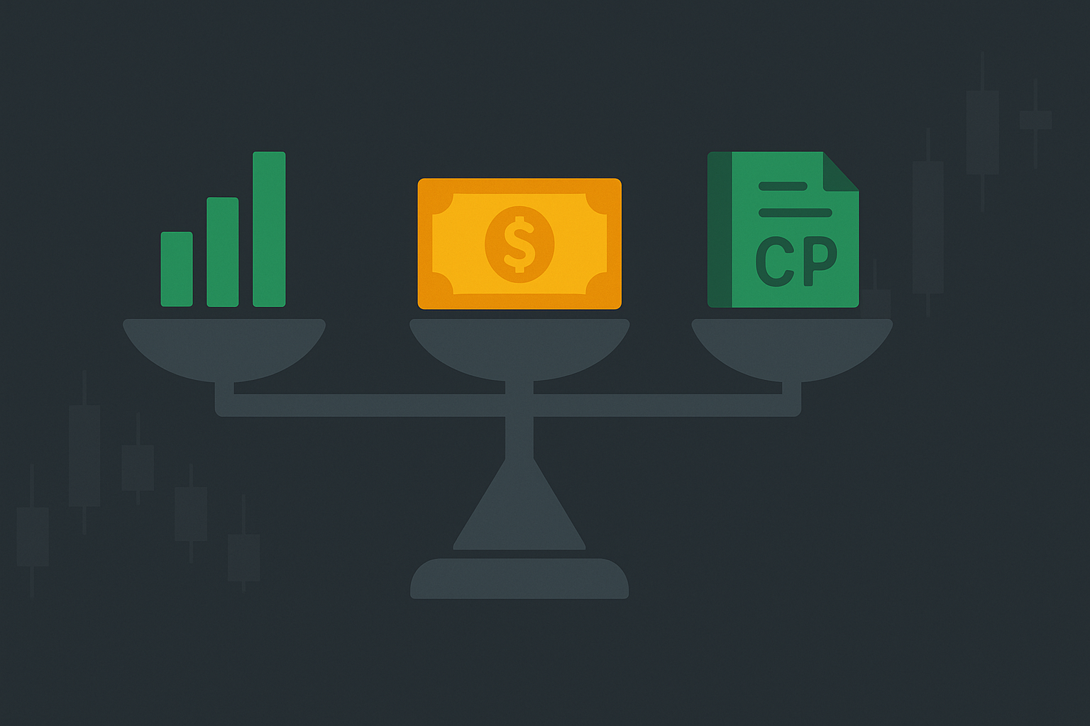 Minimalist balance scale showing stocks, cash, and options in equal weight with WSY green palette