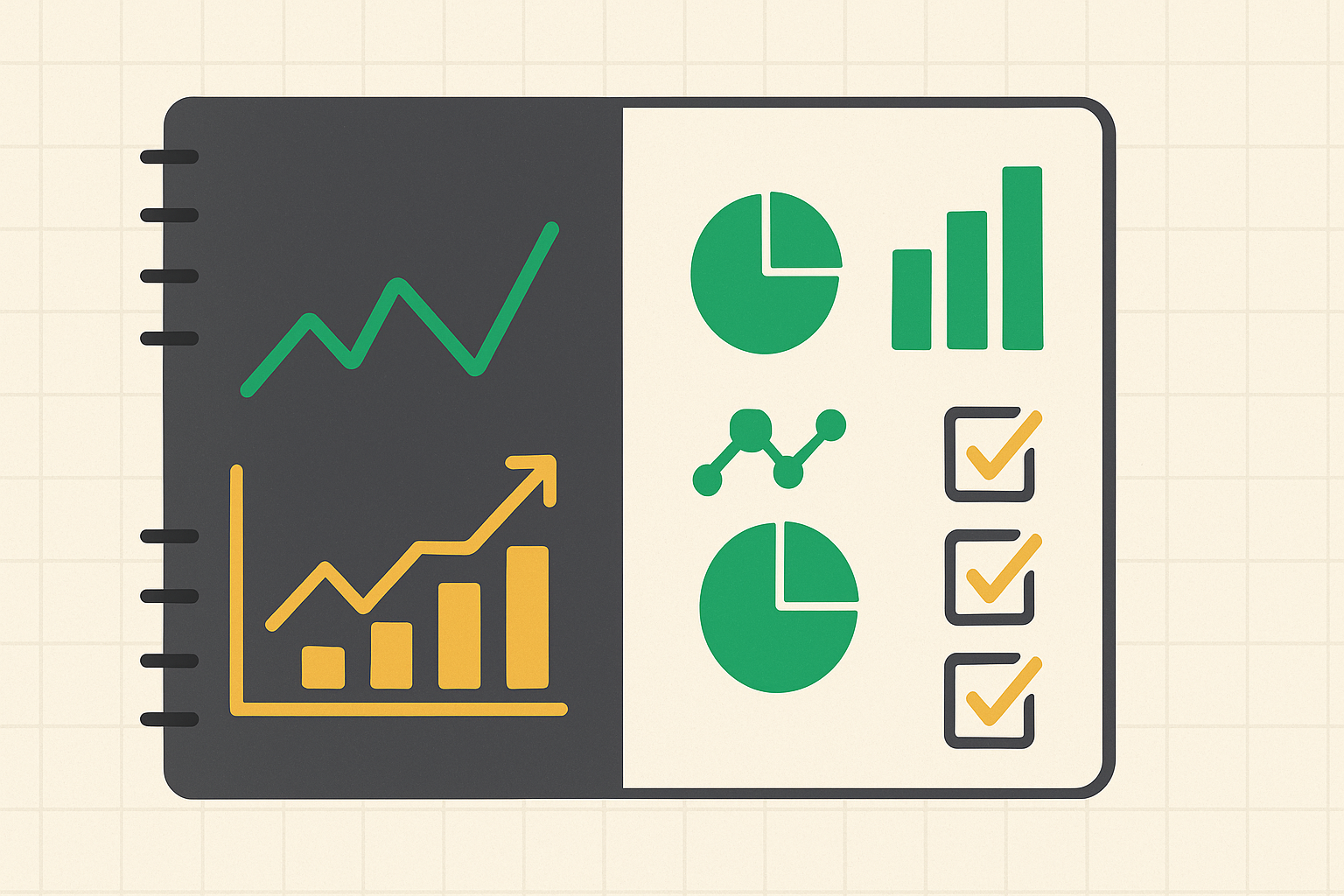 Minimalist illustration of organized documentation system with notebooks, charts, and tracking symbols in WSY palette