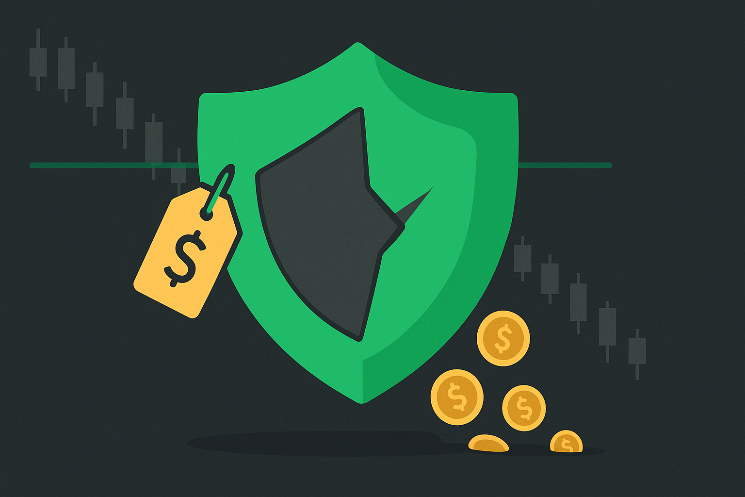 Minimalist illustration showing a protective shield with a price tag, representing the cost-benefit tradeoff of portfolio insurance