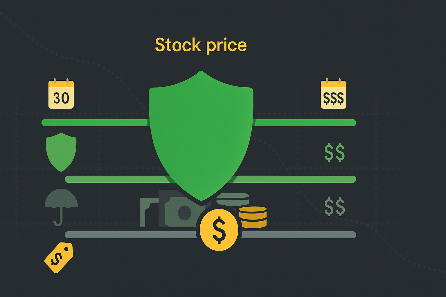 Minimalist illustration showing strike price levels as protective barriers in WSY green palette