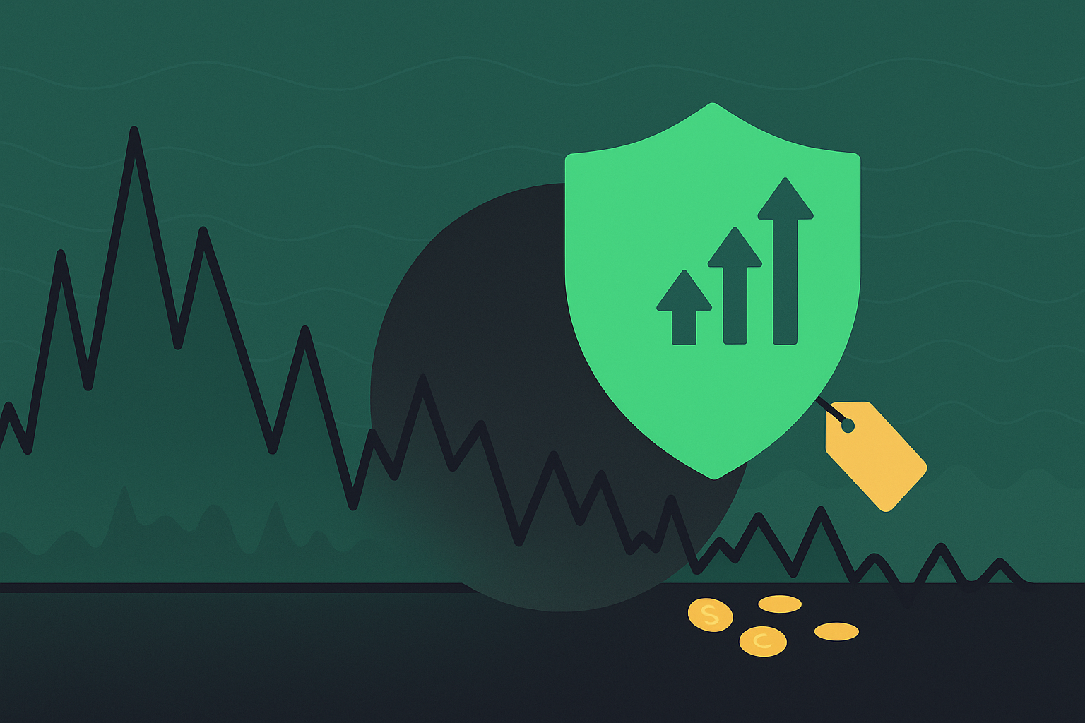 Minimalist chart showing volatility spikes with protective put pricing illustrated through rising curves in WSY green palette