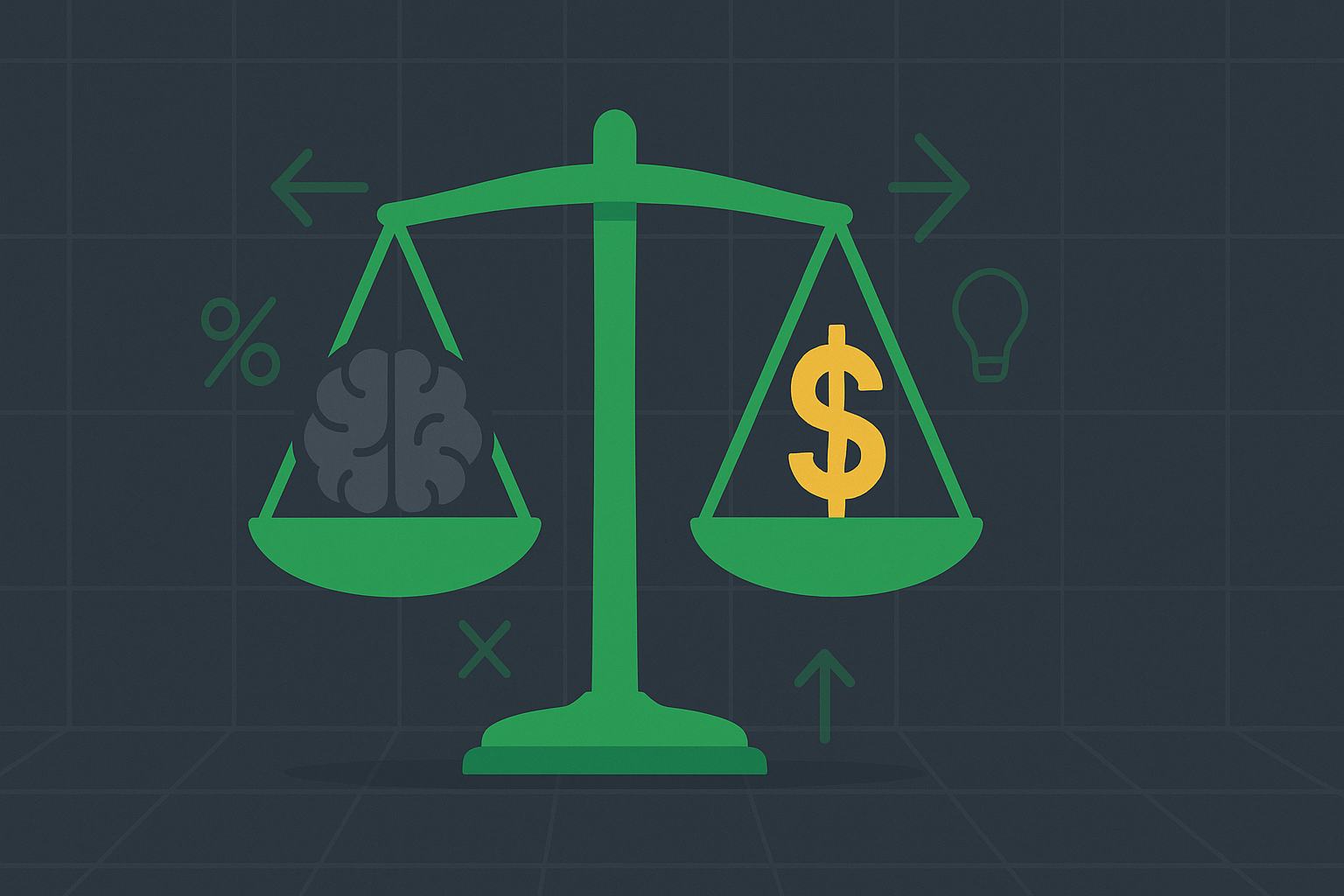 Minimalist illustration of balanced scales with cognitive symbols representing behavioral biases in WSY green palette