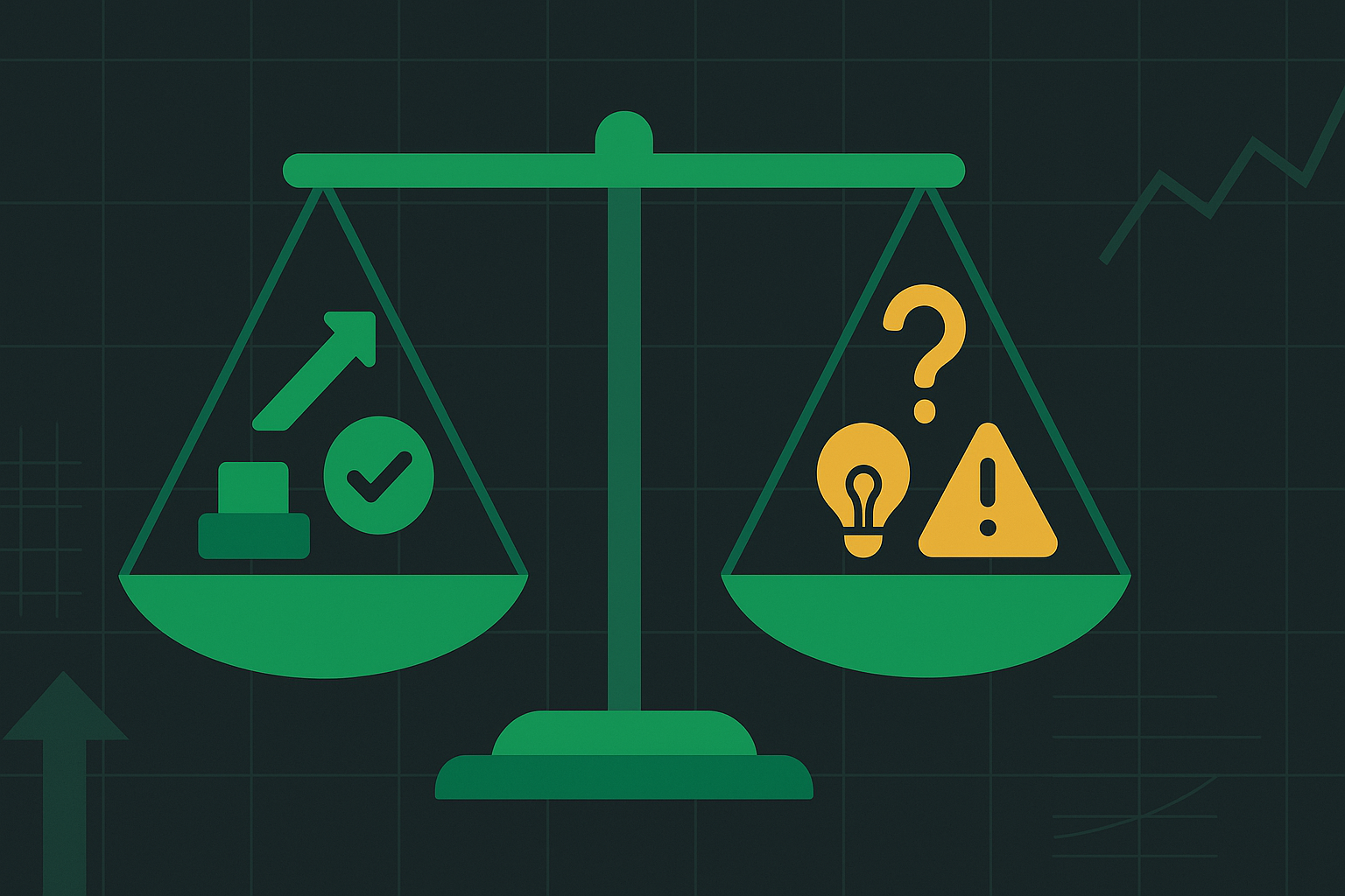 Balanced scale with conviction symbols on one side and humility symbols on the other in WSY green palette