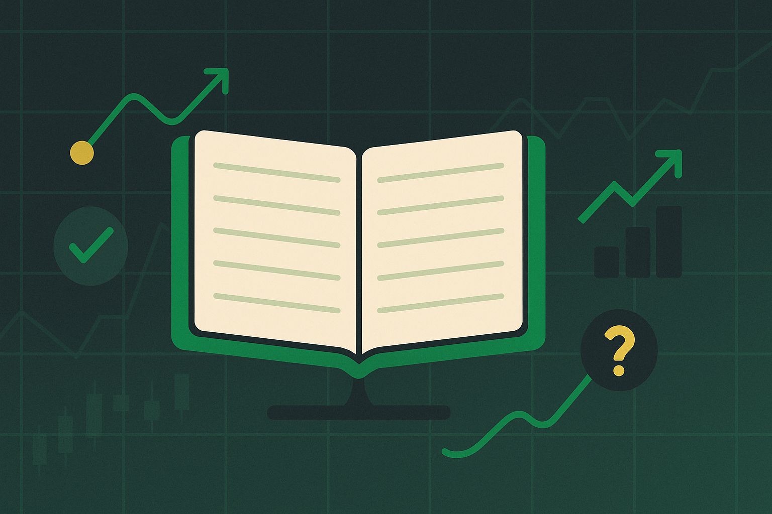 Open journal with trading notes and performance tracking symbols in WSY green palette representing disciplined decision-making