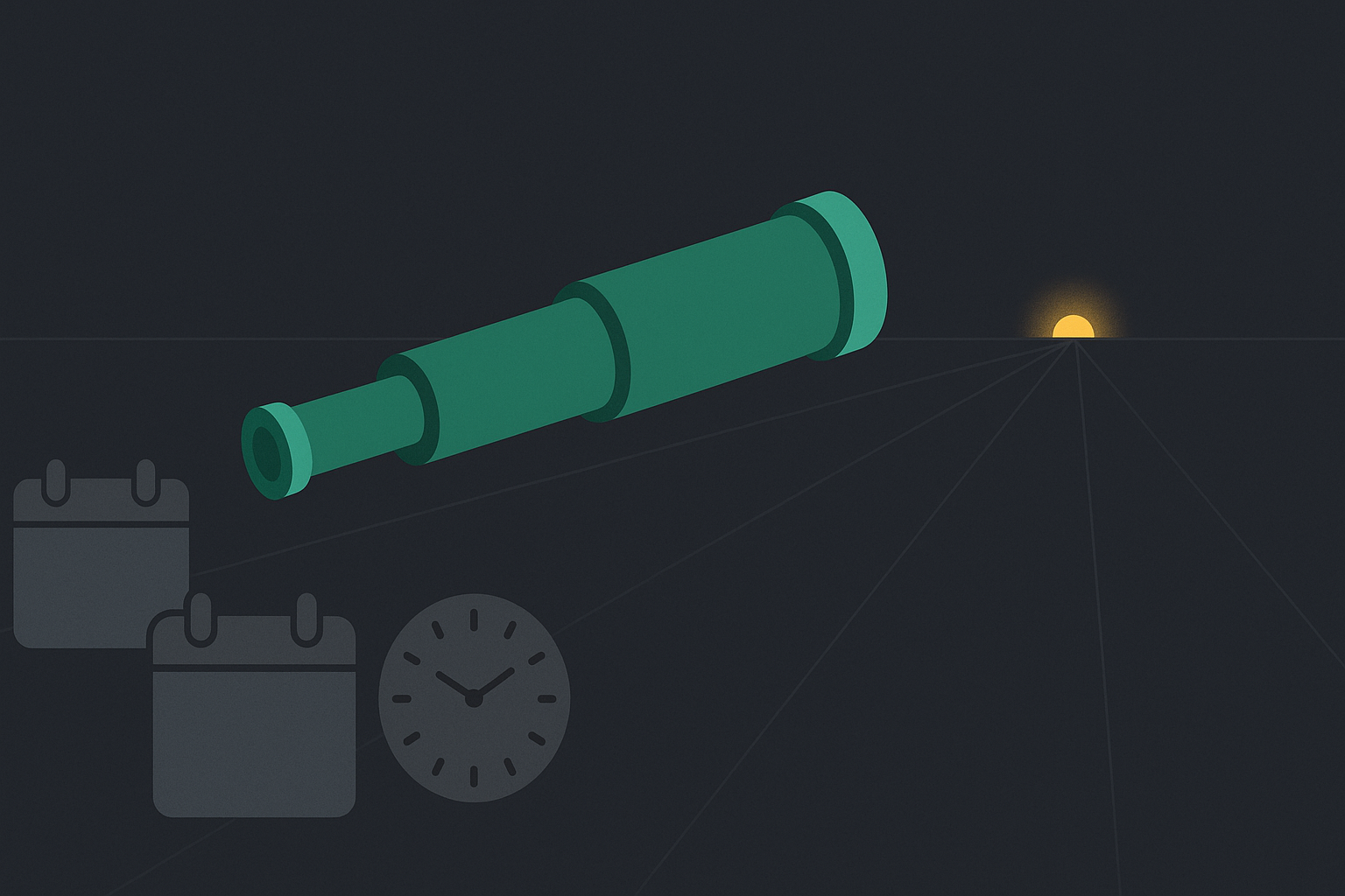 Minimalist illustration of telescope focused on distant horizon in WSY green palette symbolizing long-term perspective