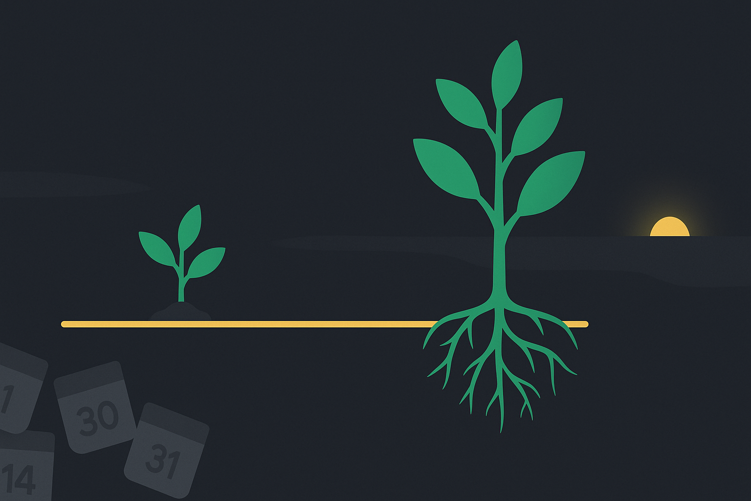 Minimalist illustration of growing tree symbolizing patience and long-term growth in WSY green palette