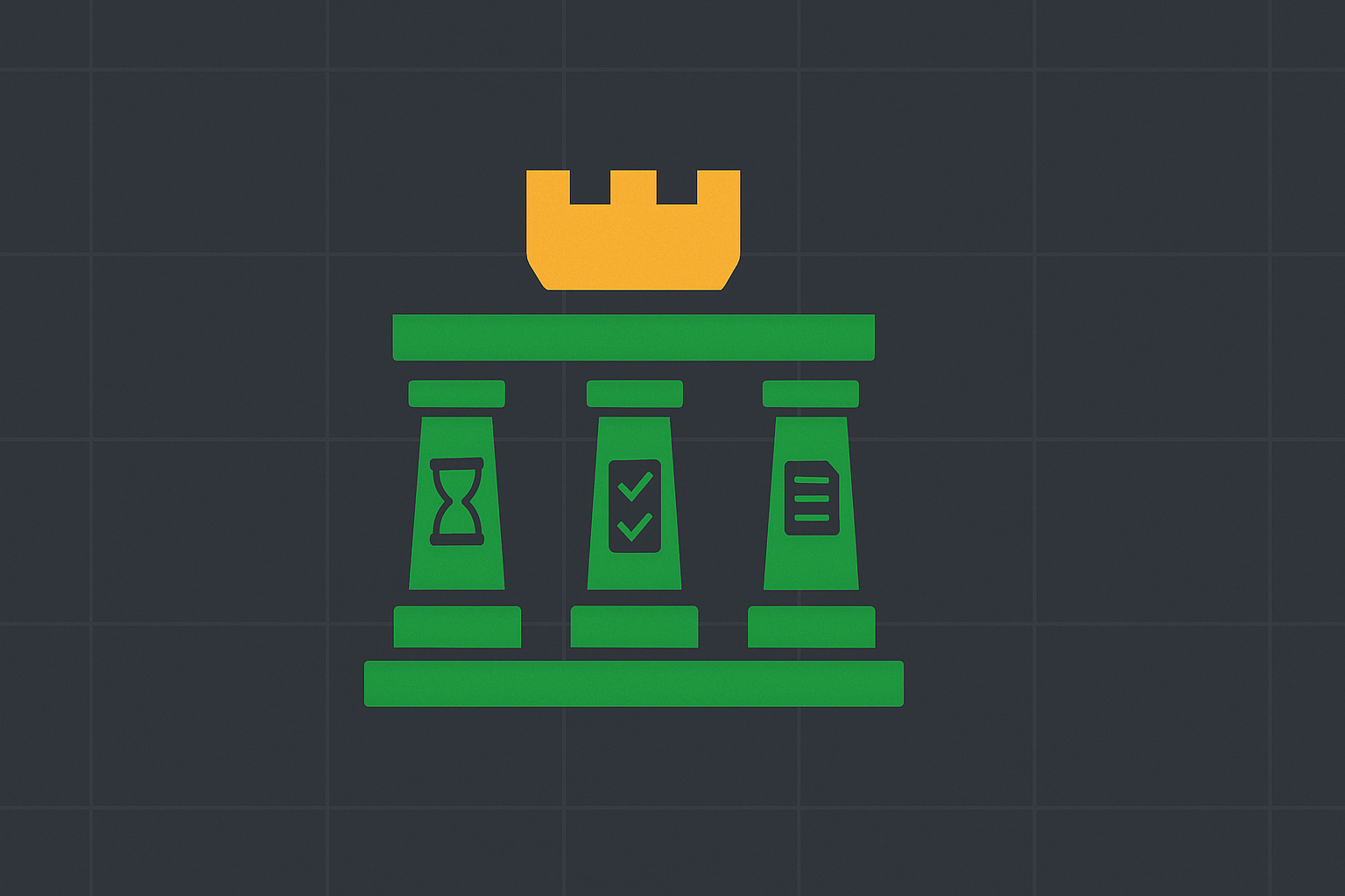 Centered fortress or stronghold with three foundational pillars labeled conceptually for patience, discipline, and fundamentals in WSY green palette