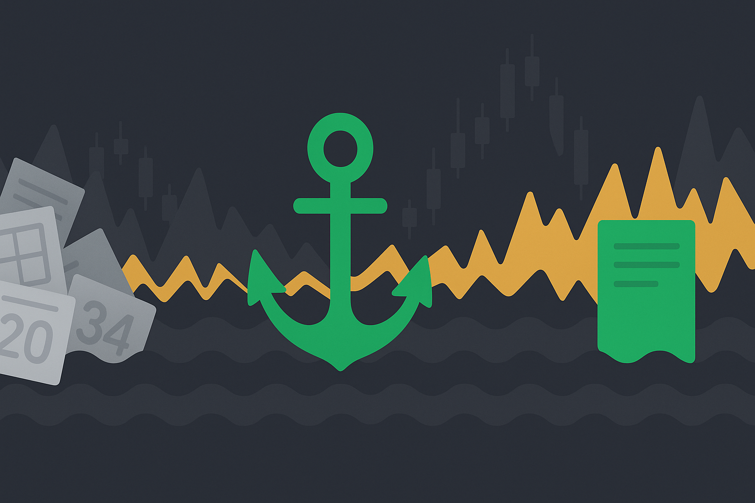 Minimalist illustration of calm center amid market turbulence using WSY green and deep gray palette