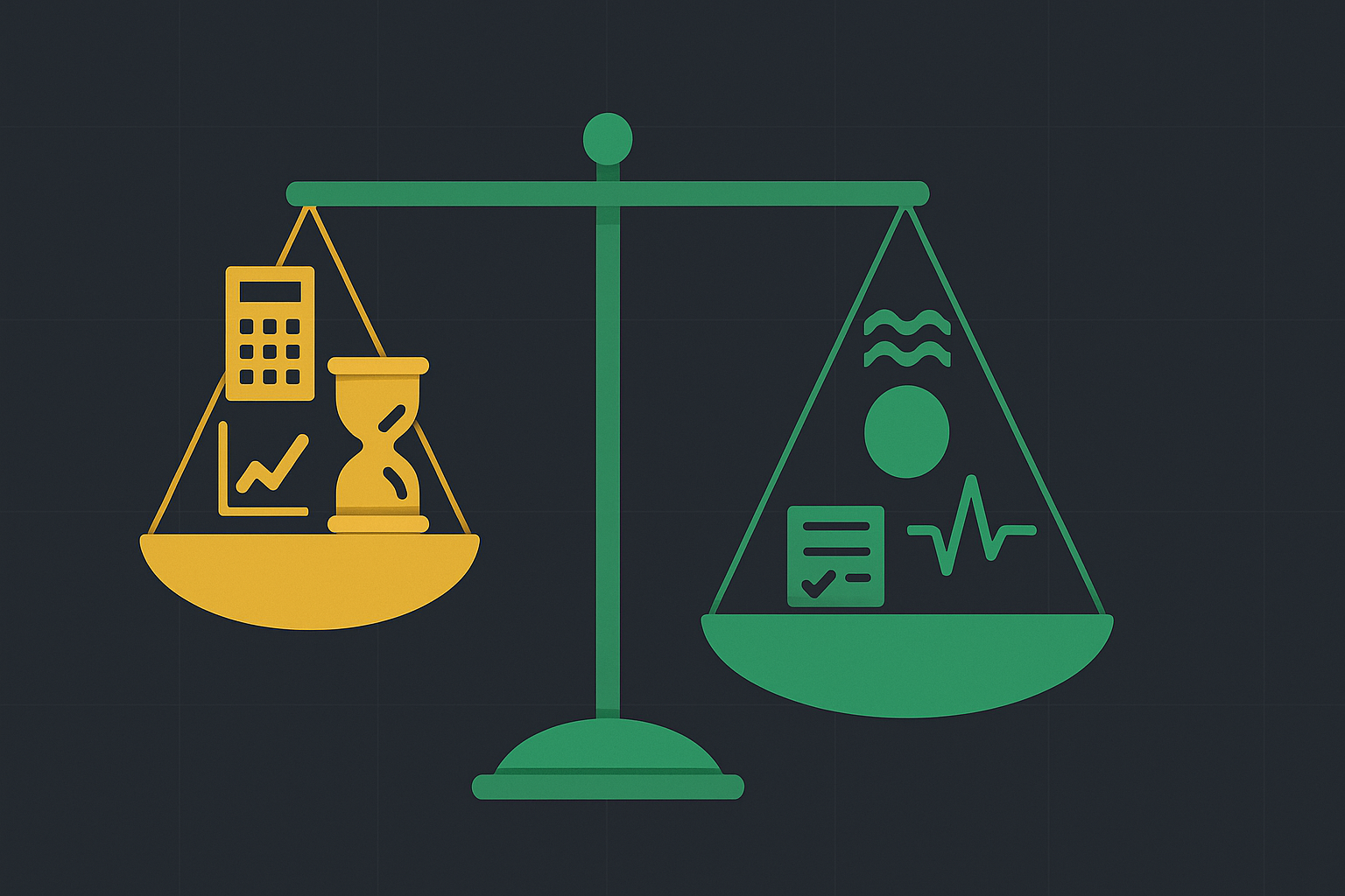 Balanced scale with logical strategy on one side and emotional control on the other, showing emotional side weighing heavier in WSY green palette