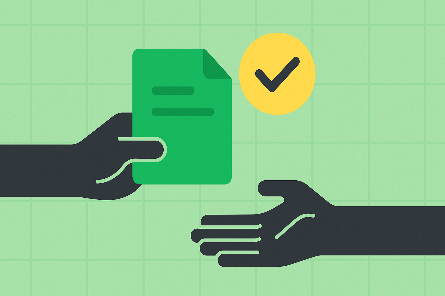 Minimalist illustration showing transfer of ownership with contract symbols in WSY green palette