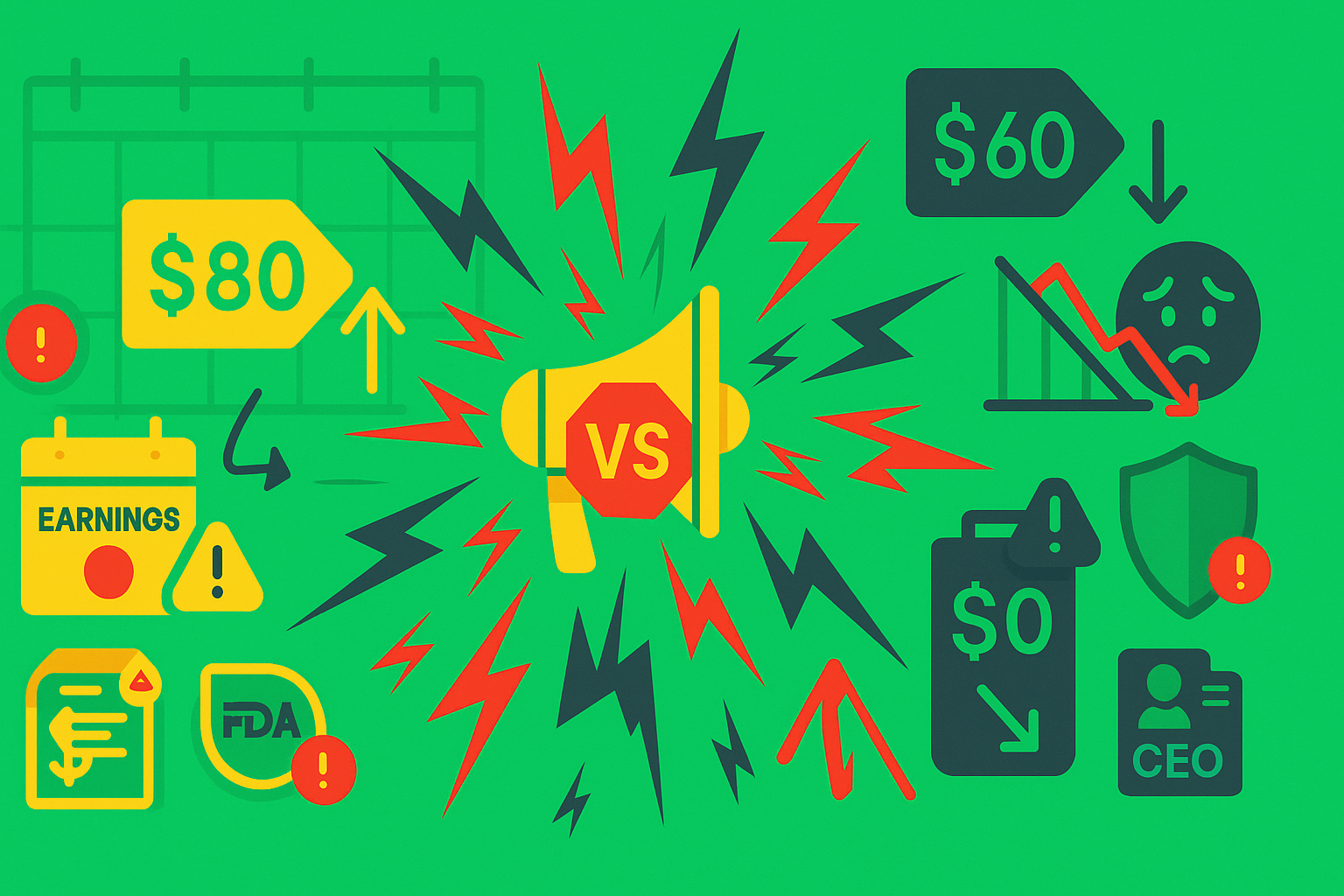 Minimalist illustration showing earnings announcement creating volatility spike with warning indicators in WSY palette