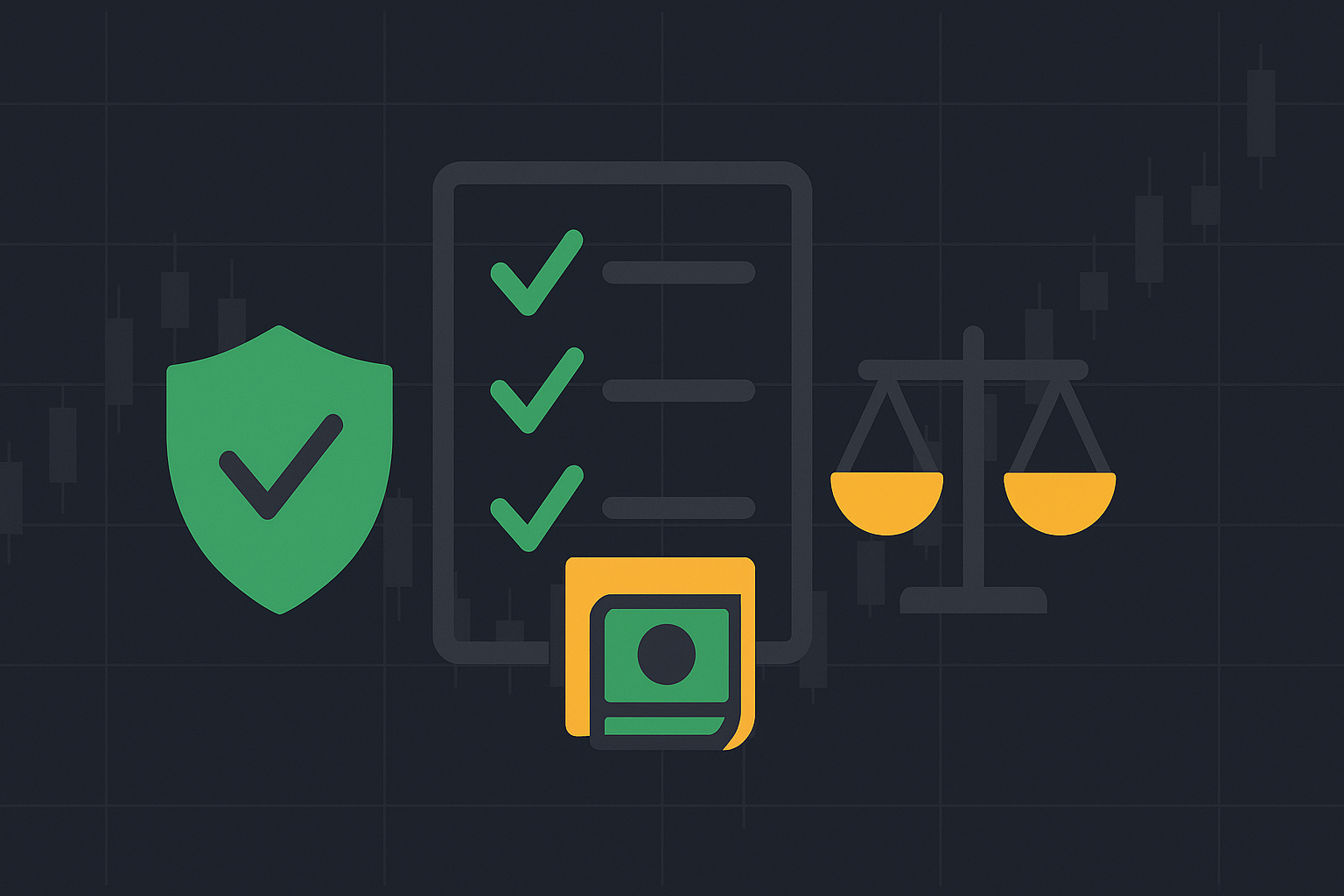 Minimalist checklist icon with protective shield and balance scales in WSY green palette