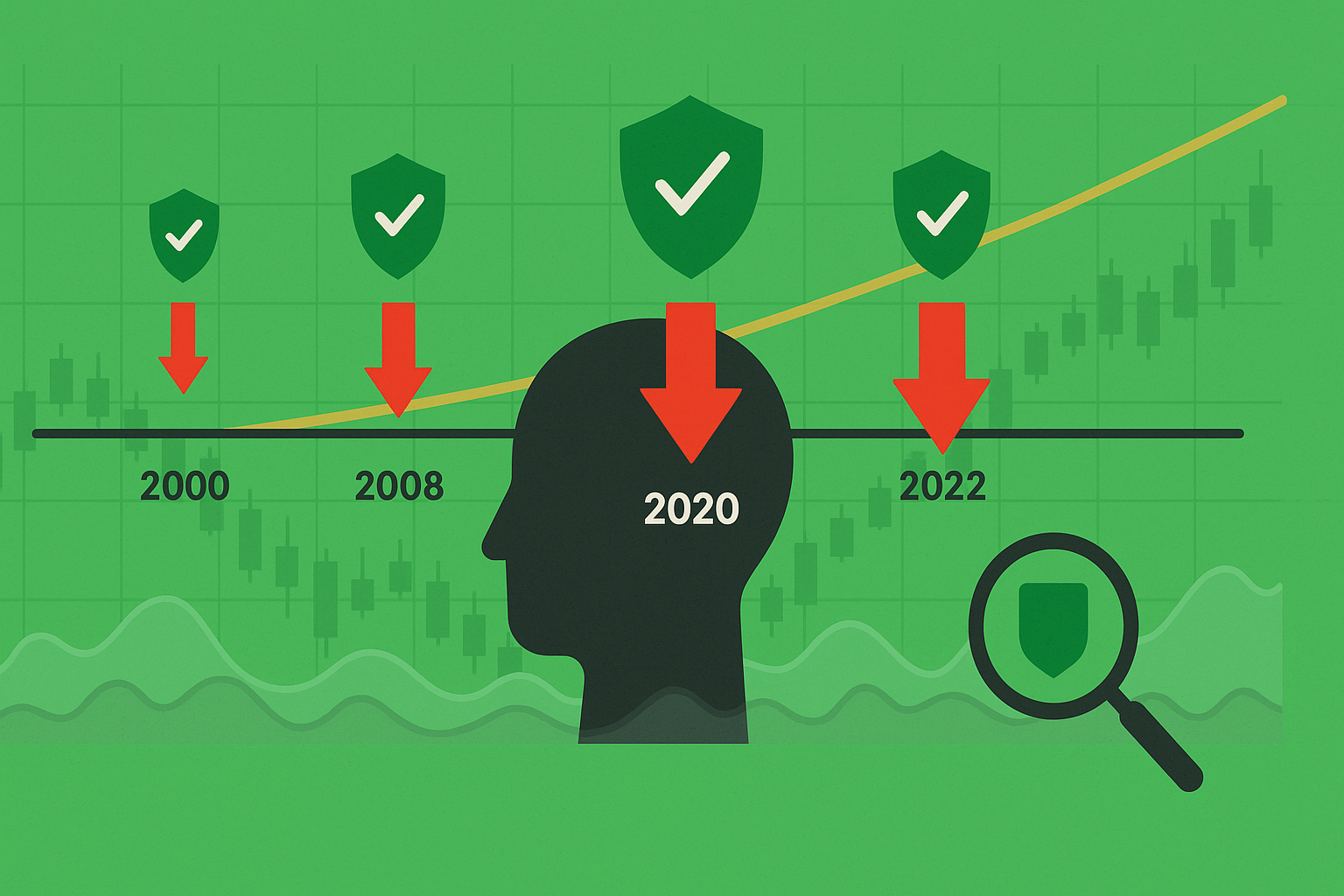 Timeline showing major market crashes with protective shield symbols, rendered in WSY green and warning red palette
