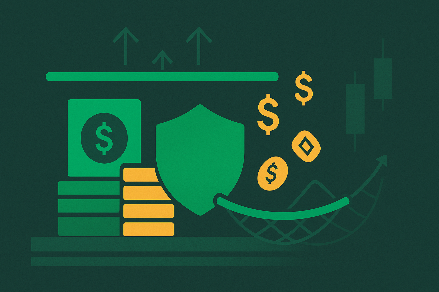 Minimalist illustration of options contracts as protective tools shielding a portfolio in WSY green palette