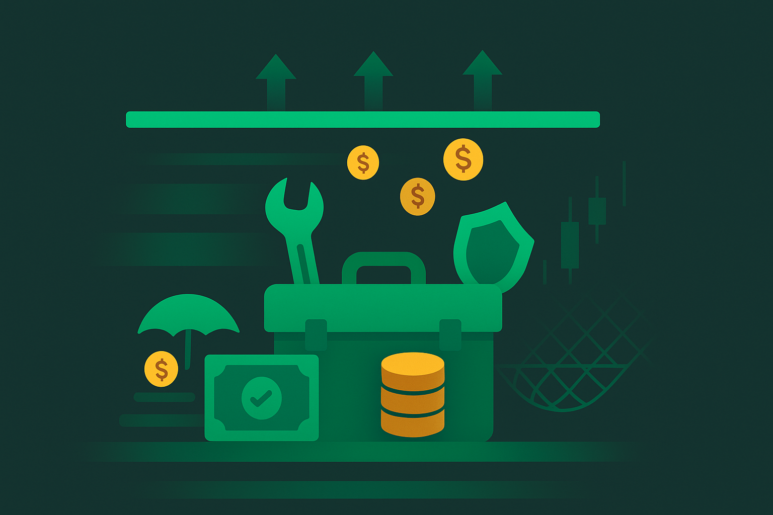 Minimalist illustration of a safety net catching falling assets in WSY green palette