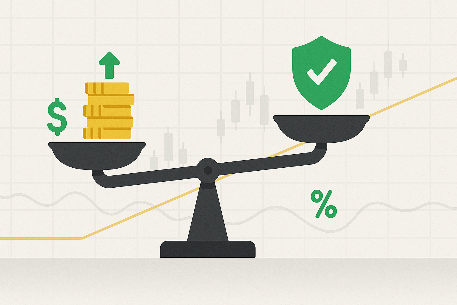 Minimalist balance scale showing premium income and downside protection in equilibrium, rendered in WSY green and gray palette