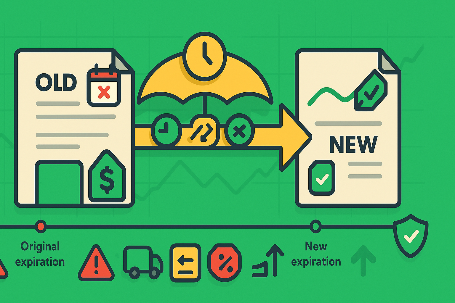 Minimalist visualization of rolling options forward with contract extension timeline in WSY green palette