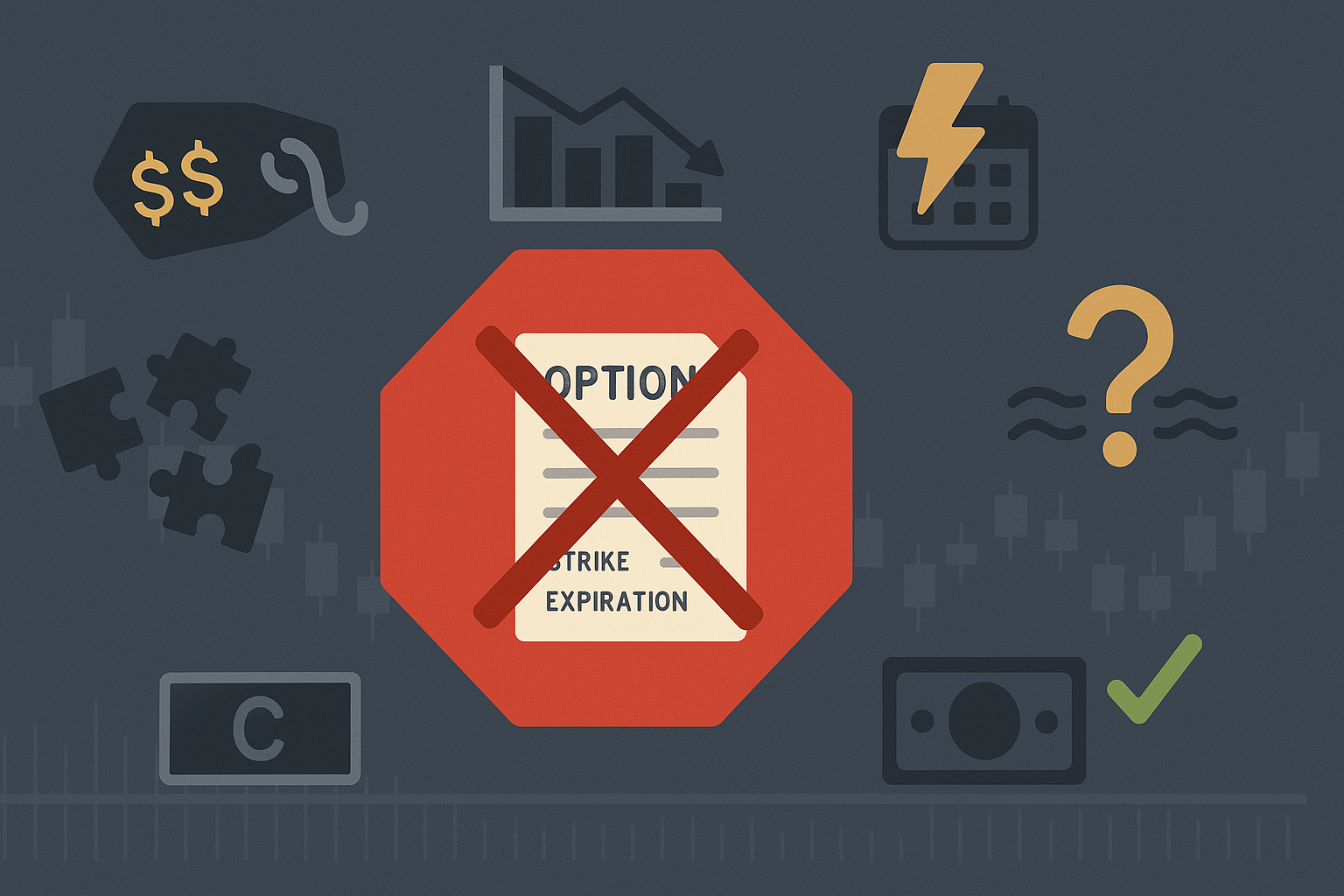 Red stop sign with options contract symbols, indicating when to avoid using options strategies