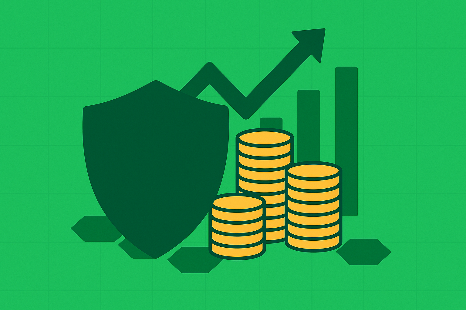Minimalist illustration of a protective shield in front of growing money stacks in WSY green palette