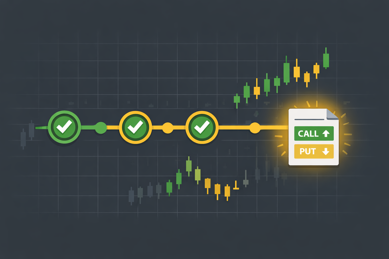 Minimalist timeline with option payoff icons and trendlines in WSY palette