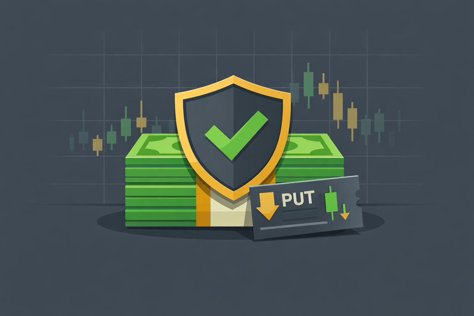 Minimalist illustration of a cash stack and put option ticket resting on a shield in WSY palette