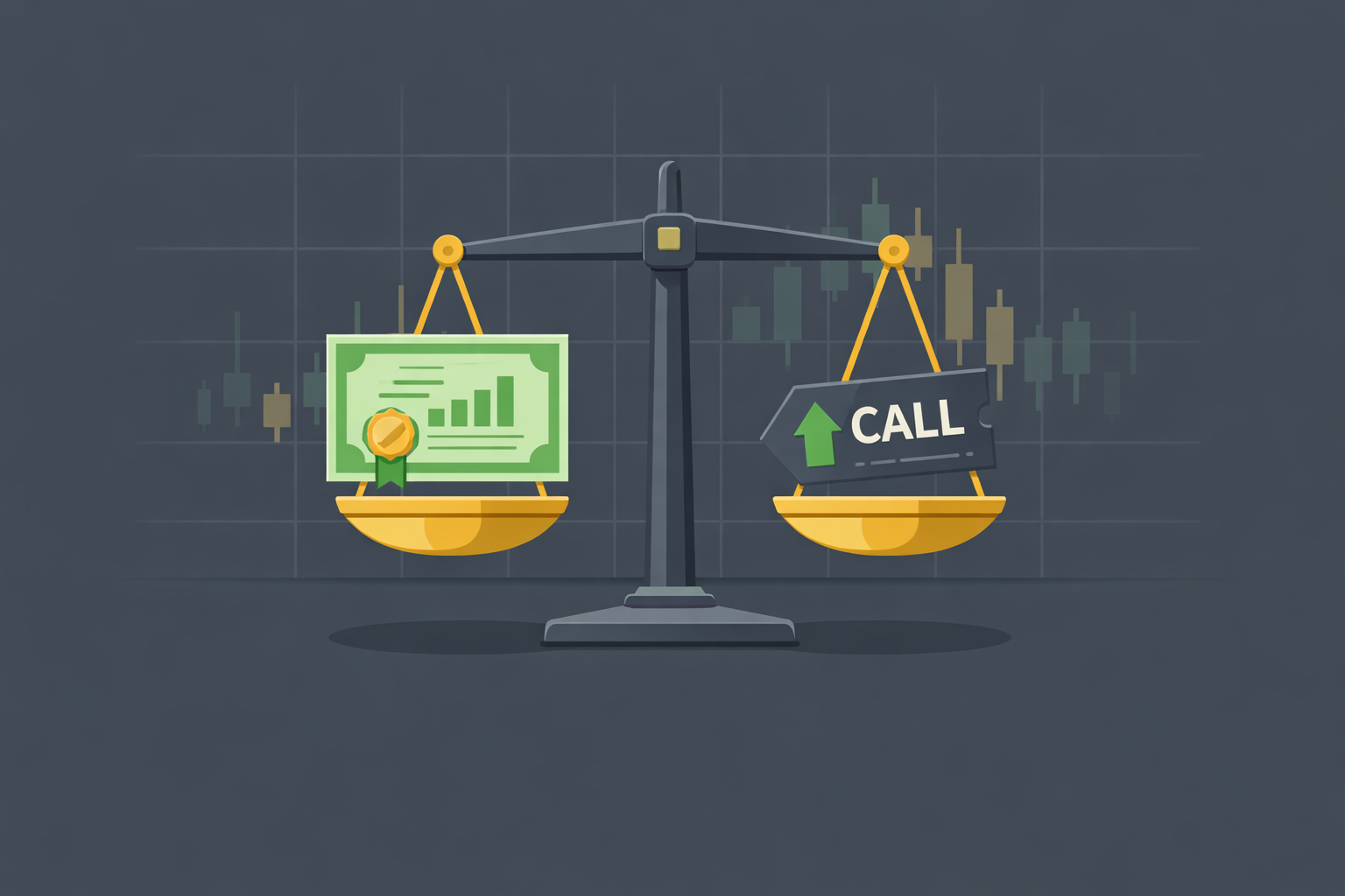 Minimalist illustration of a stock certificate and call option tag balanced on a scale in WSY palette