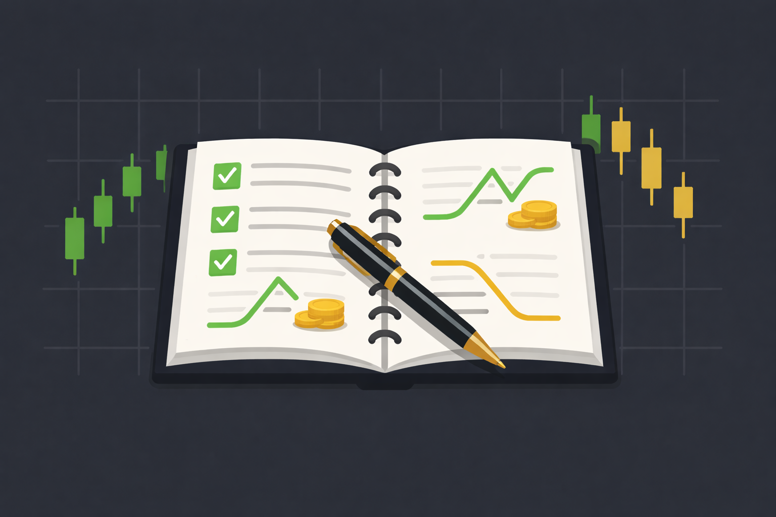 Minimalist open journal with option payoff icons and checkmarks in WSY palette