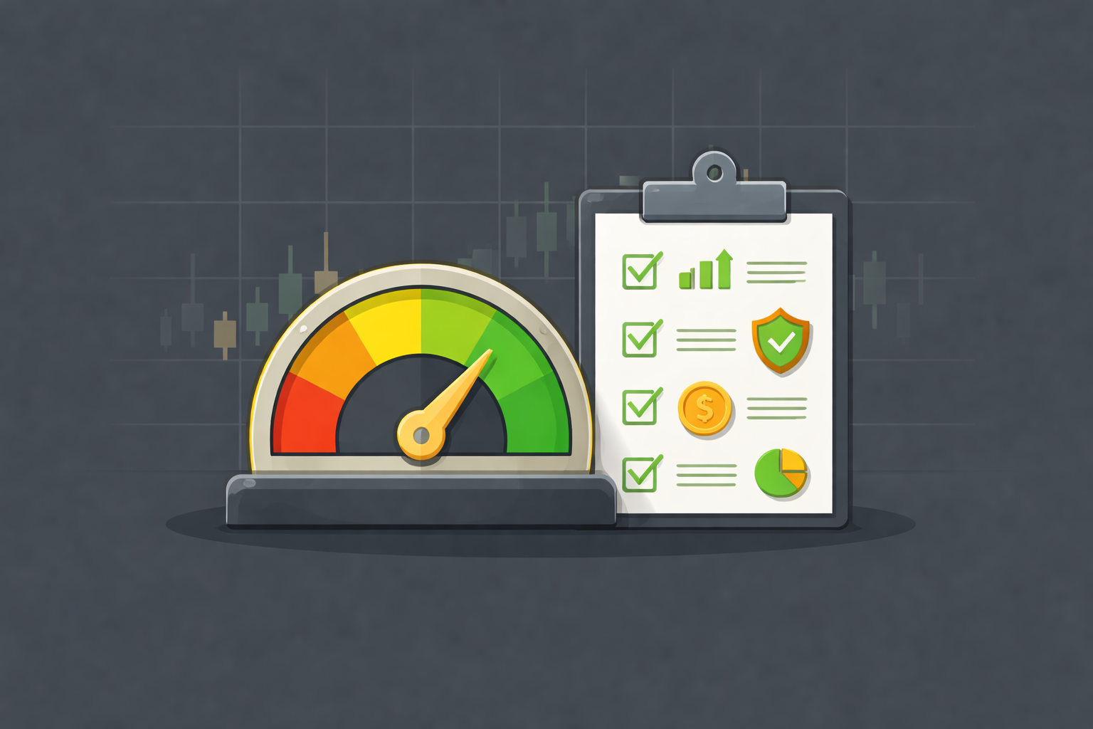 Minimalist gauge and checklist illustrating investing metrics in WSY palette