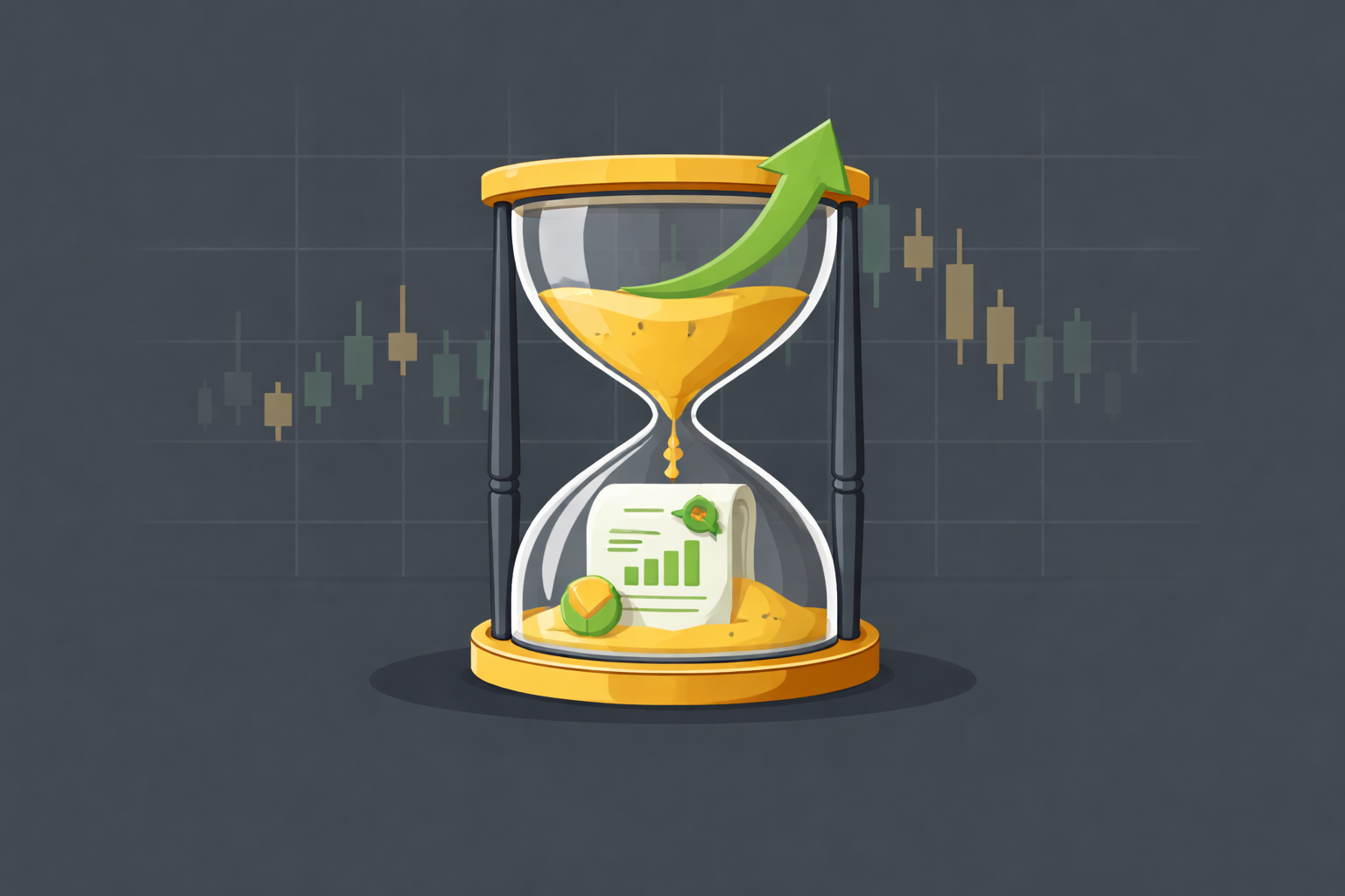 Minimalist hourglass with a long-dated option contract and upward arrow in WSY palette