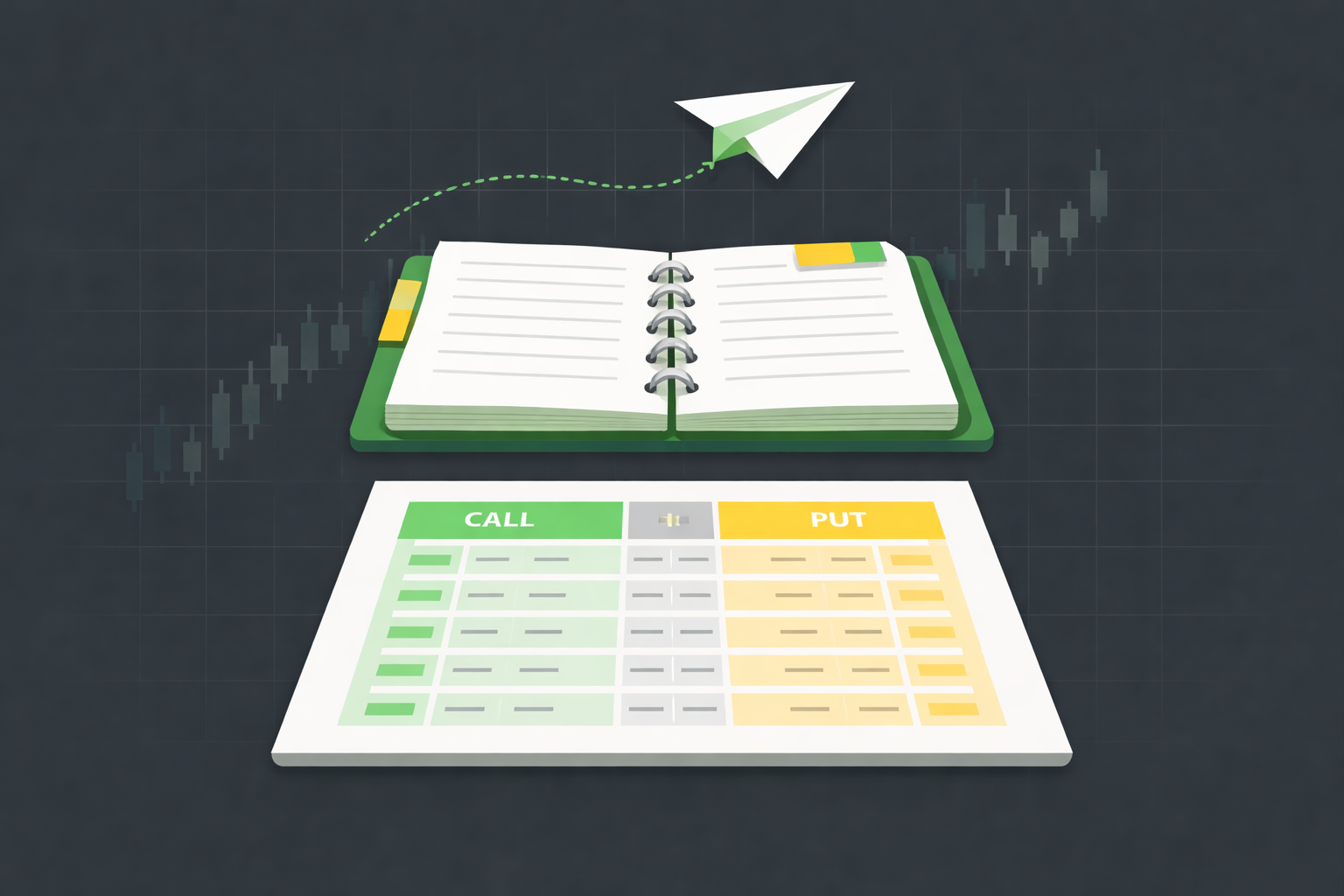 Minimalist practice notebook with option contract icons in WSY colors