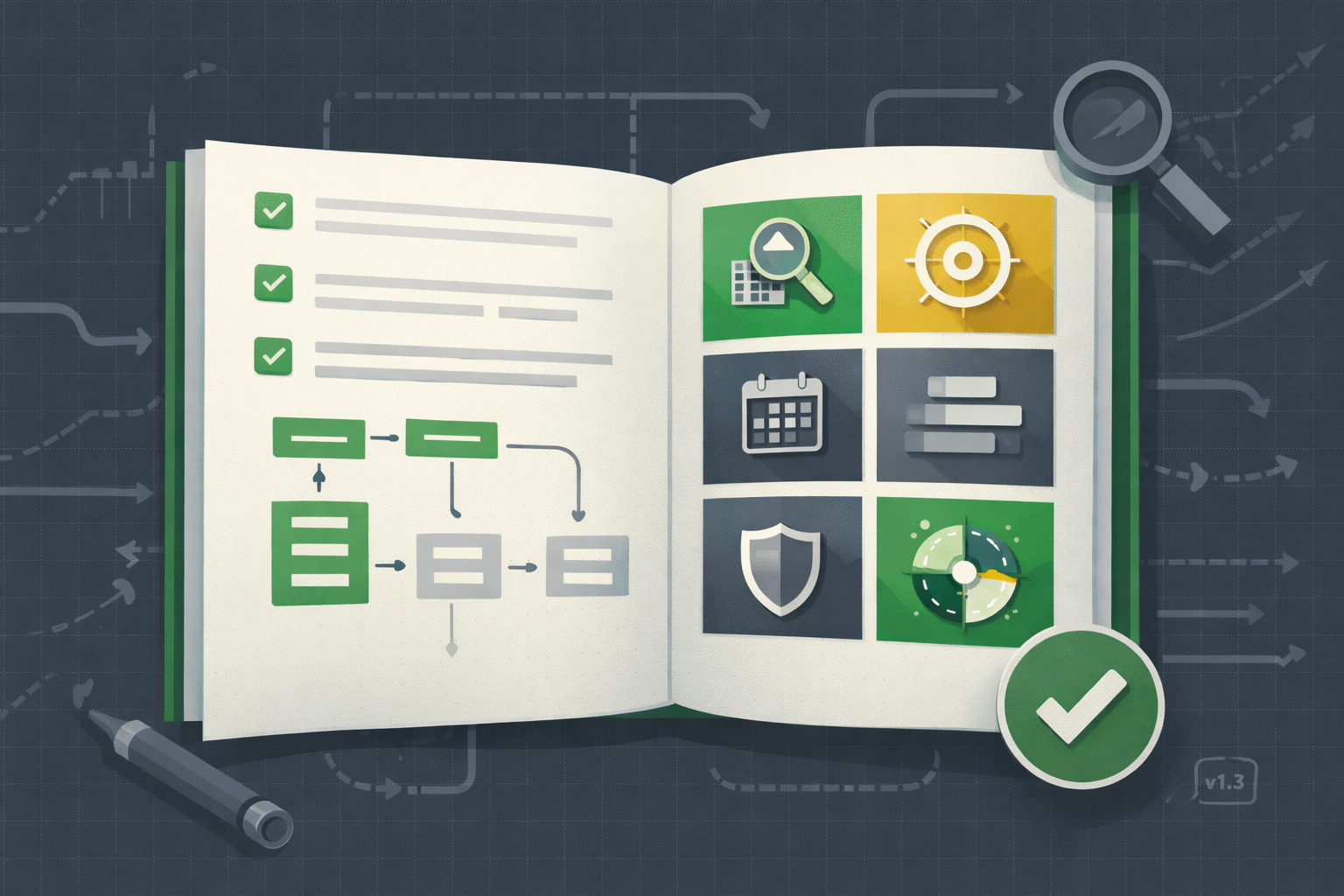 Minimalist organized blueprint or playbook pages with clear sections in WSY palette