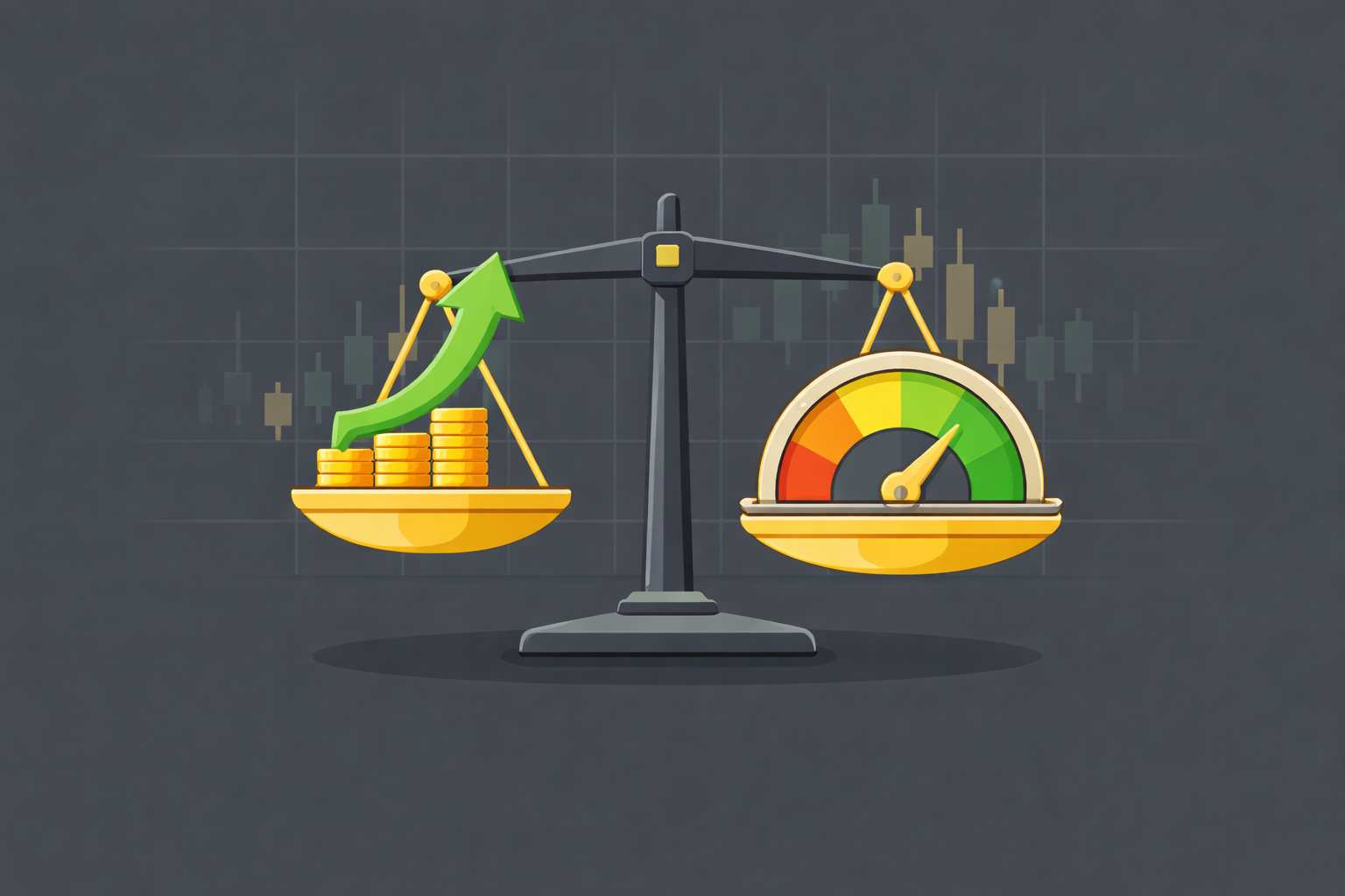 Minimalist scale weighing returns against risk gauge in WSY palette
