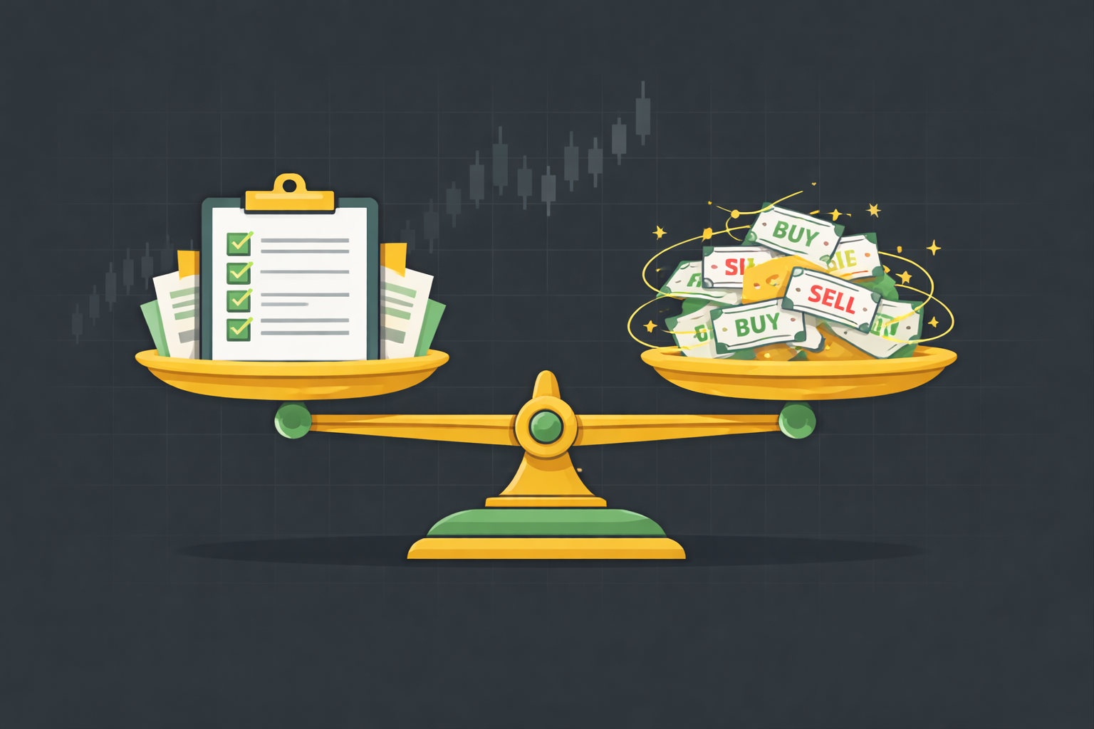 Minimalist scales balancing disciplined testing and frantic trading icons