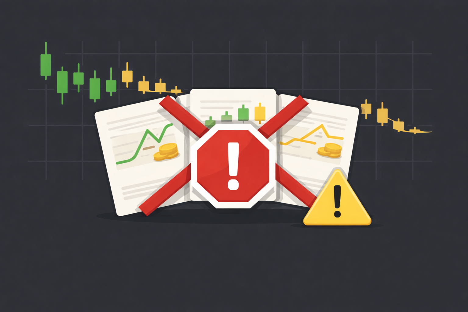 Minimalist stop sign over crossed-out strategy cards with warning triangle in WSY palette