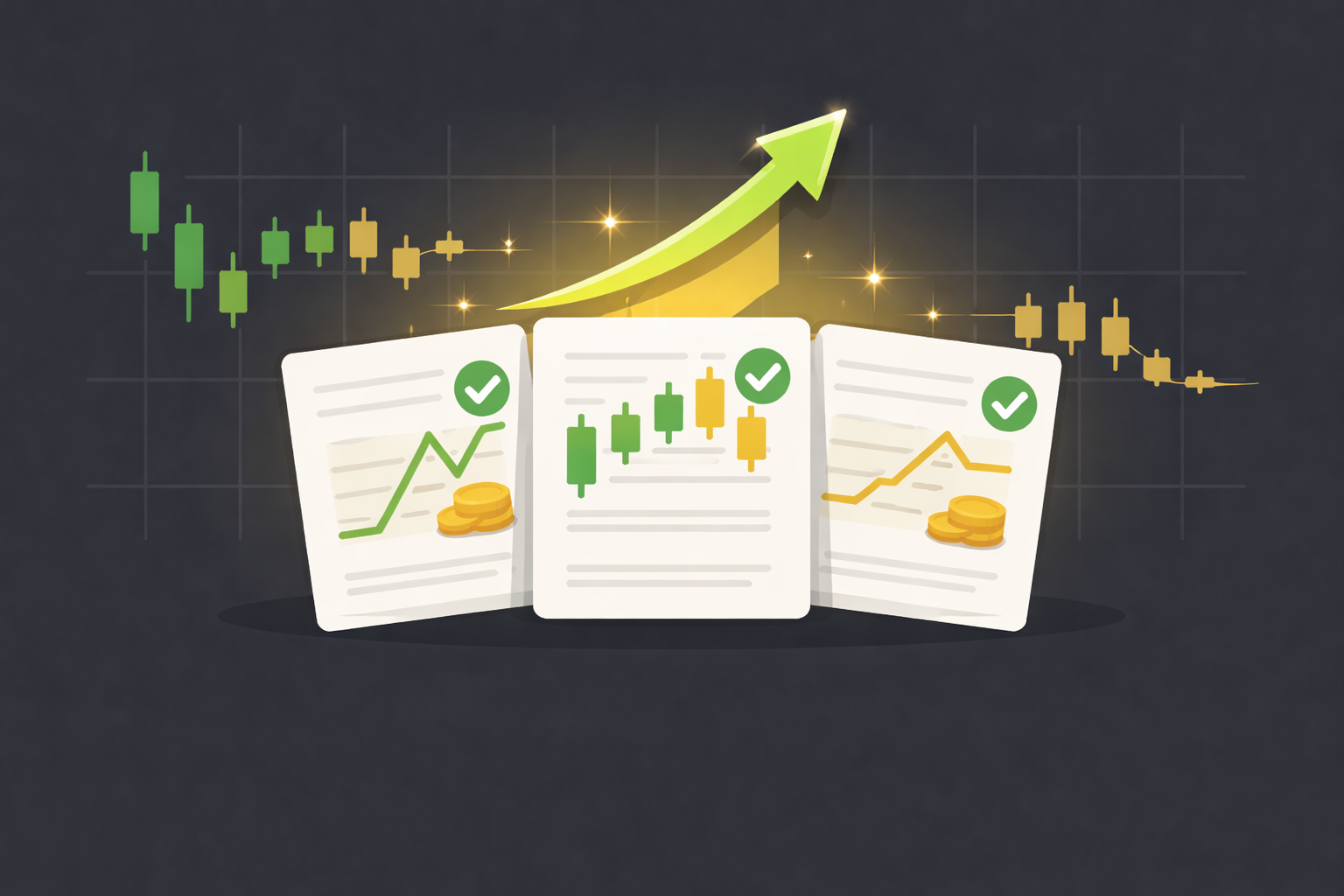 Minimalist upward arrow highlighting selected strategy cards with checkmarks in WSY palette
