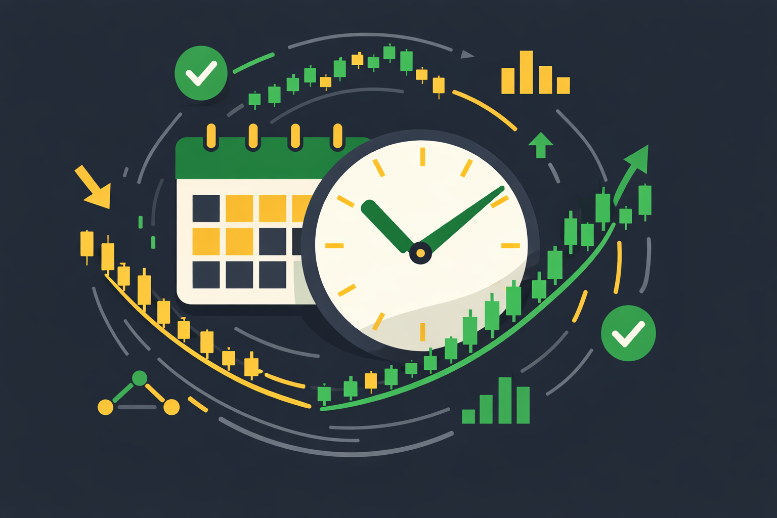 Minimalist illustration showing a clock with historical data charts and test results, representing backtesting across market cycles
