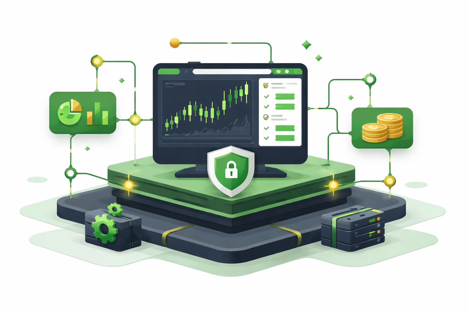 Minimalist illustration showing a secure trading platform interface with execution tools, representing reliable infrastructure for value investors