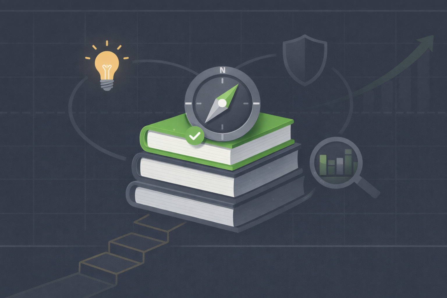 Minimalist stack of books with compass pointing to value principles in WSY green palette