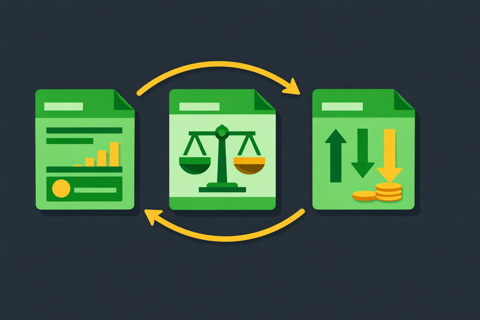Minimalist illustration showing three interconnected financial documents with key metrics highlighted in WSY green and gold palette
