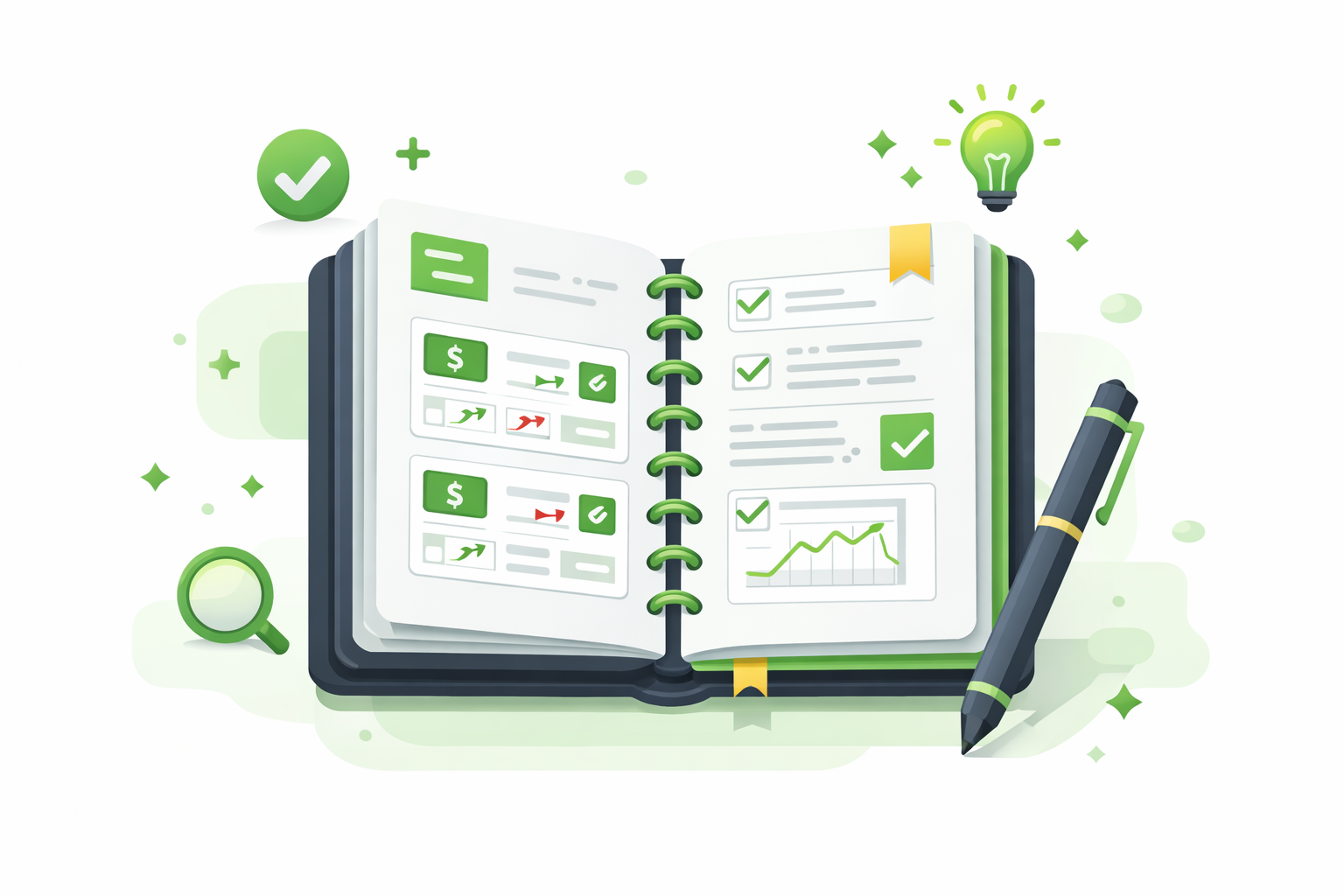 Minimalist illustration showing a notebook with trade entries and reflection notes, symbolizing disciplined record keeping for investors