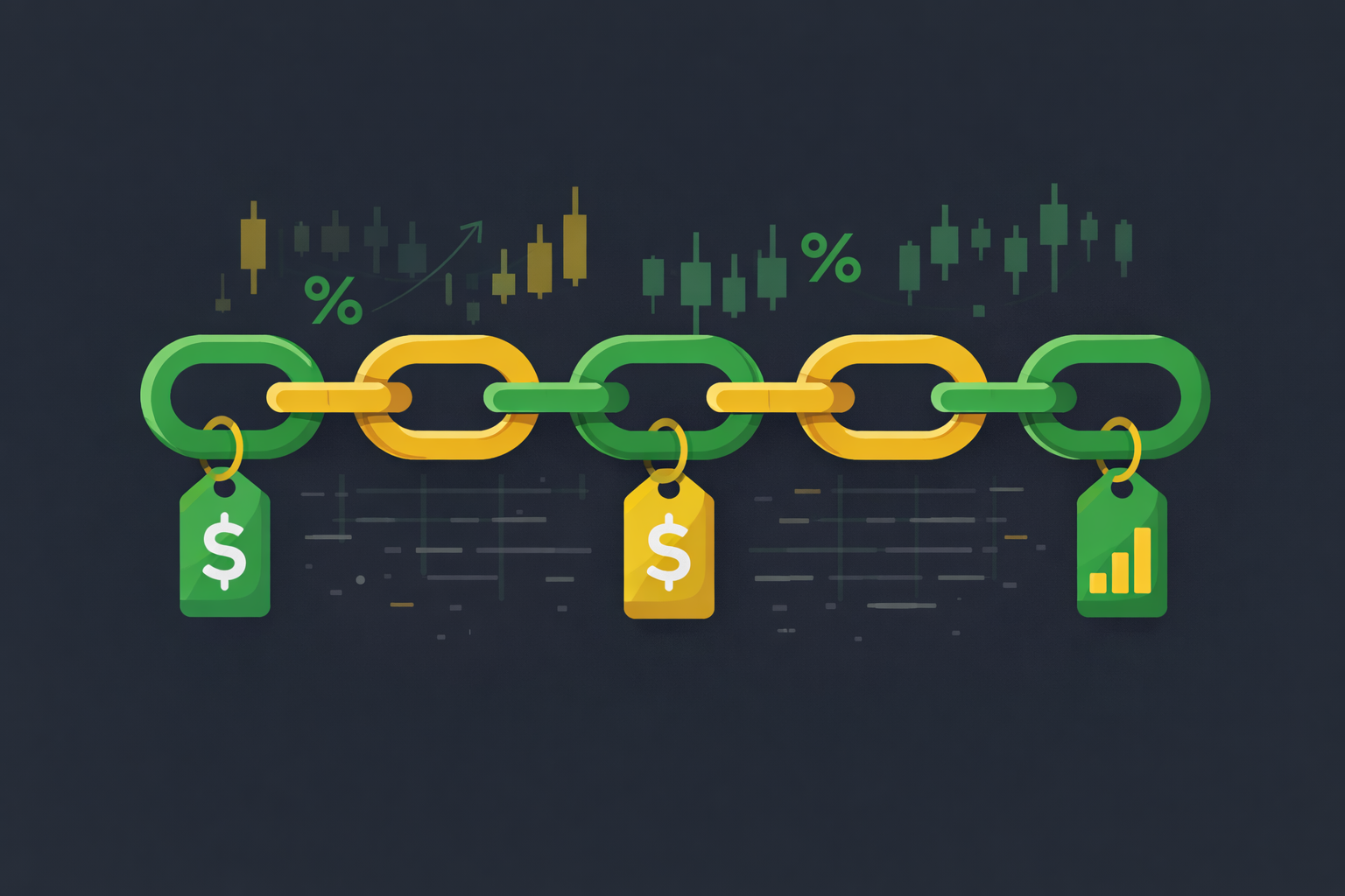 Minimalist illustration showing interconnected chain links with price tags and volume indicators, representing options chain analysis