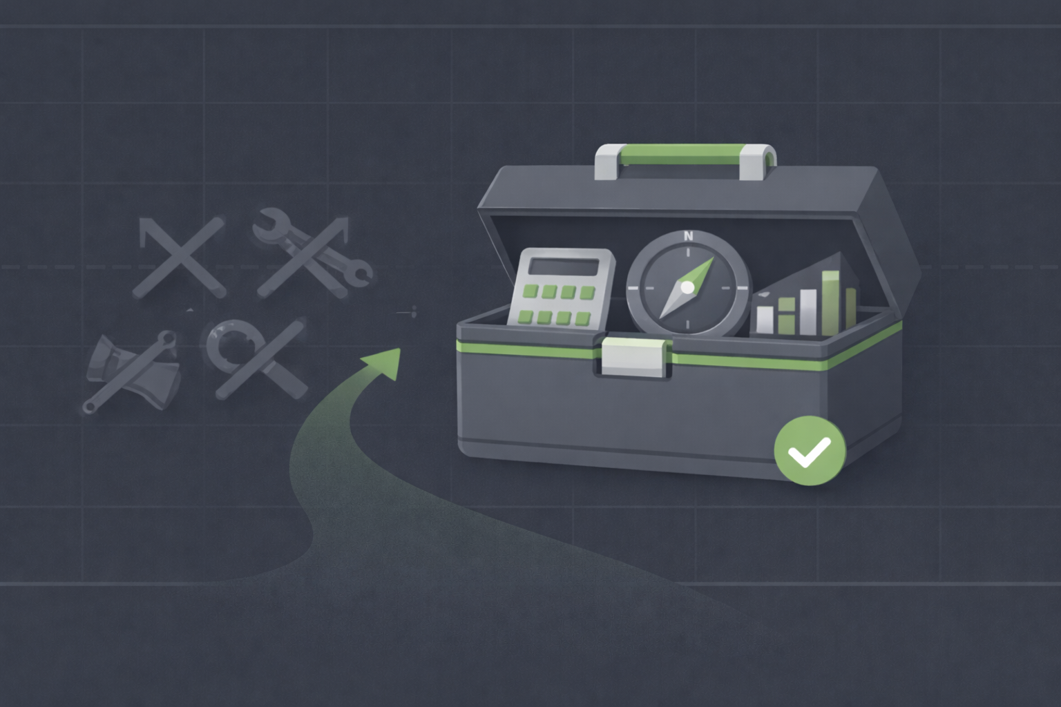 Minimalist toolbox with organized value investing instruments in WSY green palette