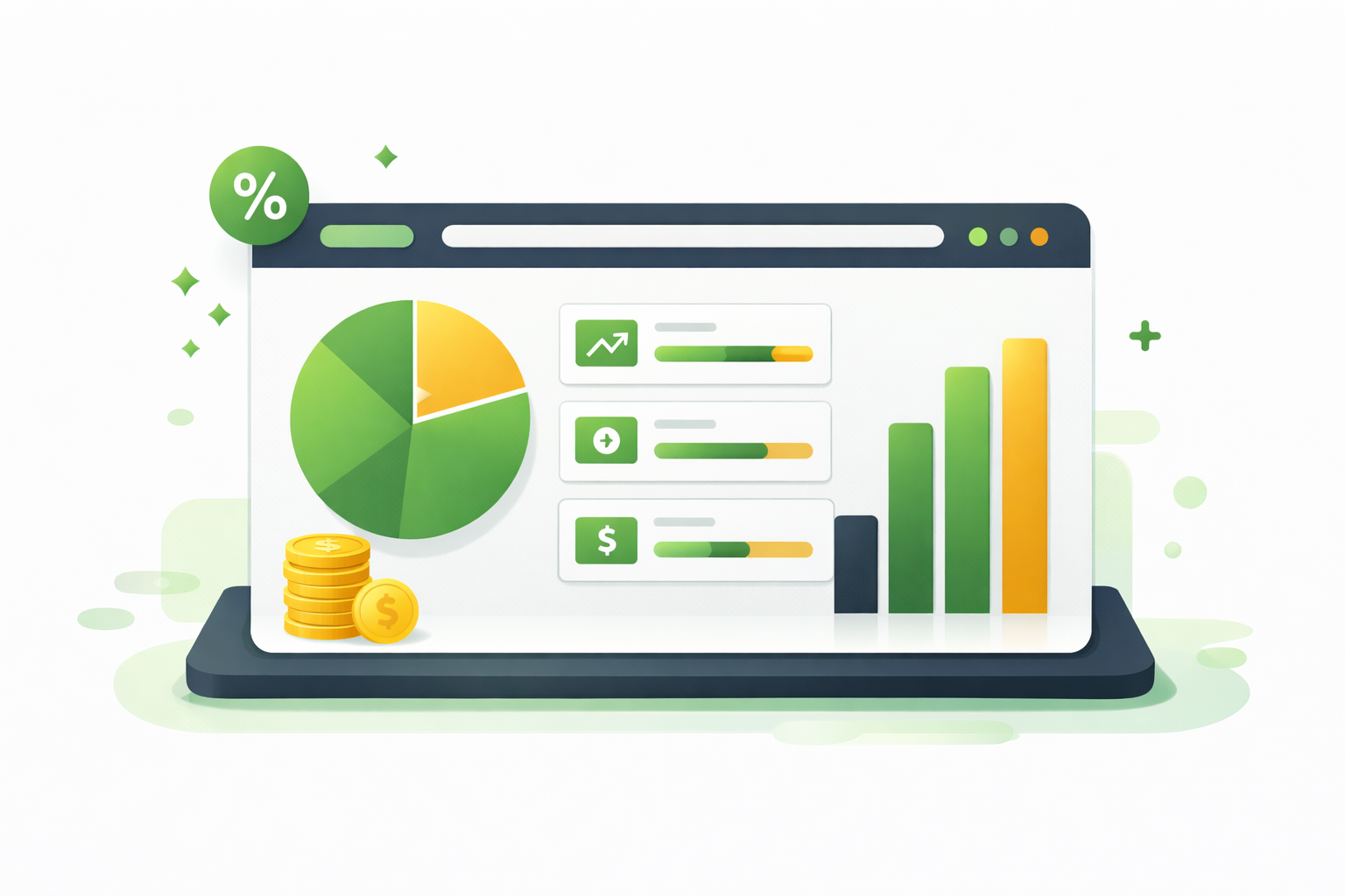 Minimalist flat illustration showing a dashboard with portfolio allocation pie charts and performance metrics in WSY green and gray tones