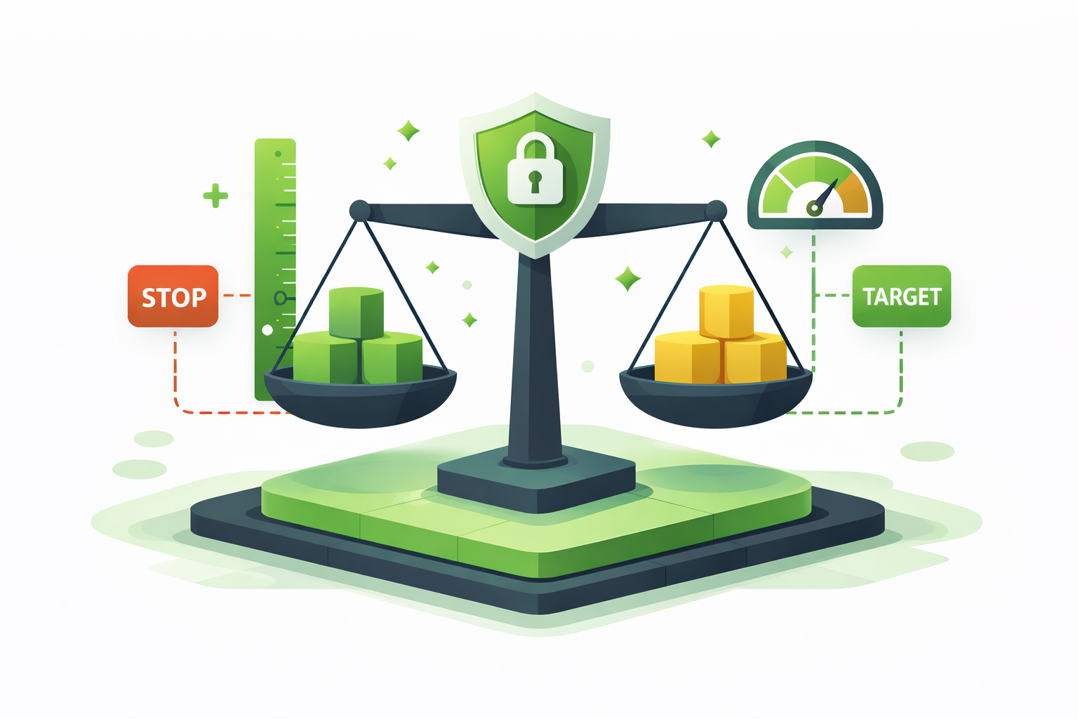 Minimalist illustration showing a balance scale with position sizes and risk controls, representing measured portfolio risk management